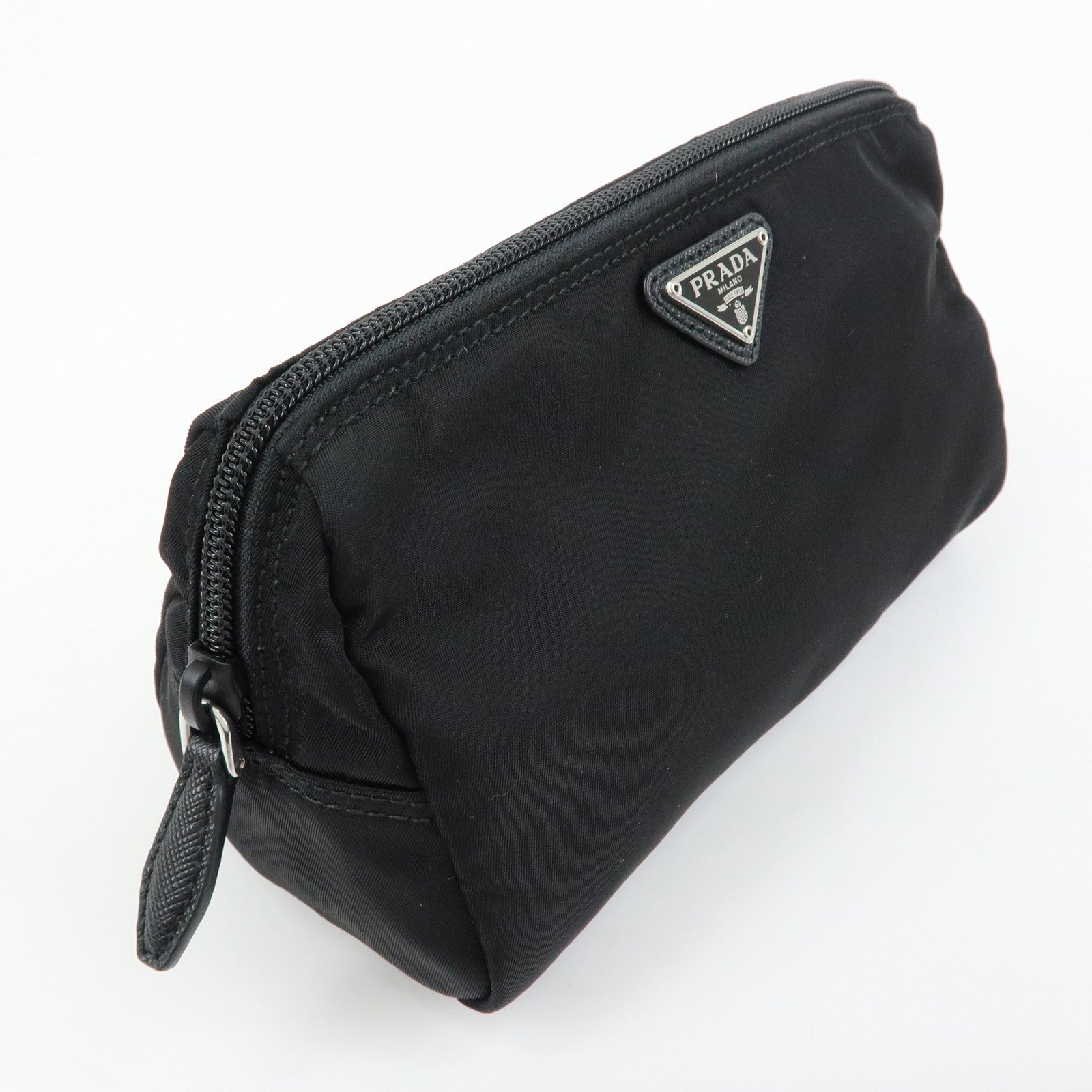 PRADA Triangle Logo Nylon Saffiano Leather Cosmetic Pouch 1NA693