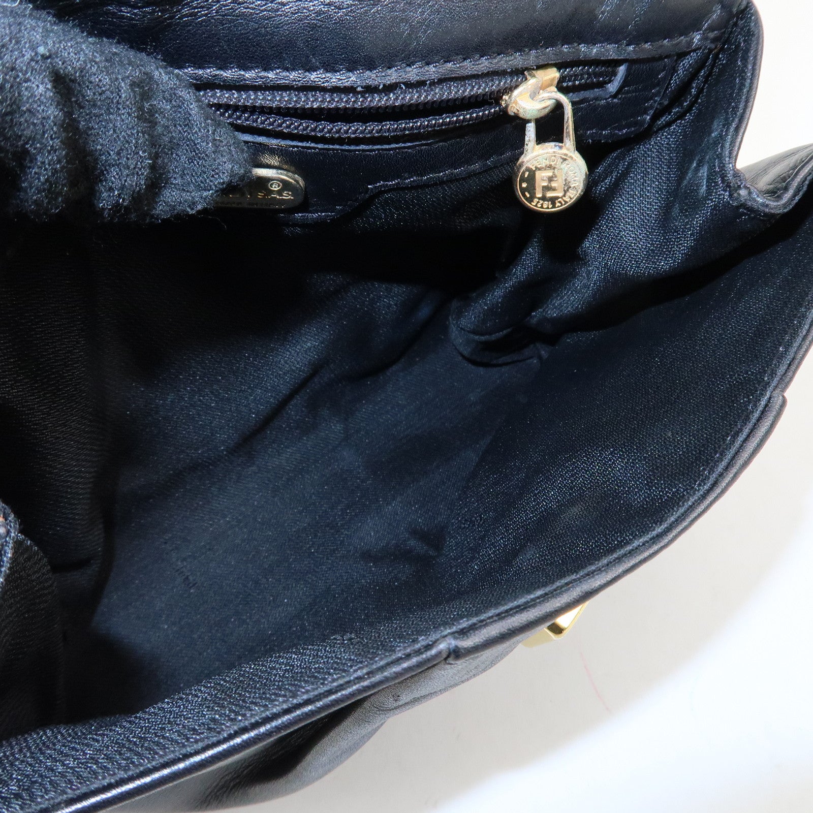 FENDI Leather Hand Bag Tassel Charm Gold Hardware Black Used