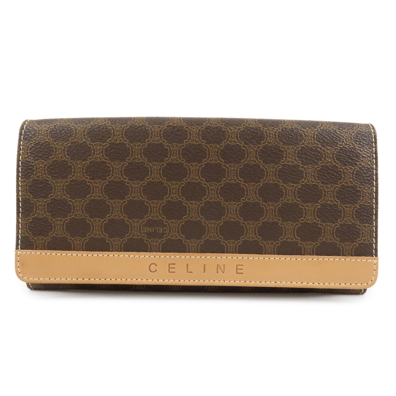 CELINE Macadam PVC Leather Flap Long Wallet Brown Beige
