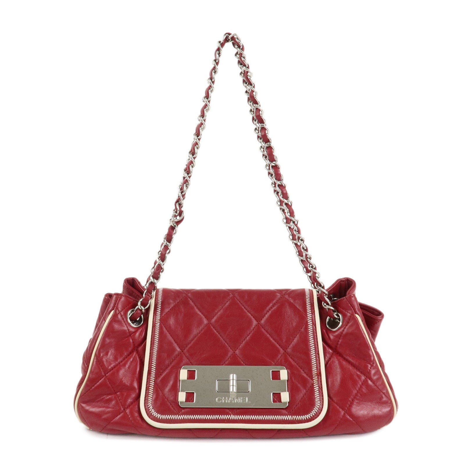 CHANEL 2.55 Lamb Skin Leather Chain Shoulder Bag Red Used