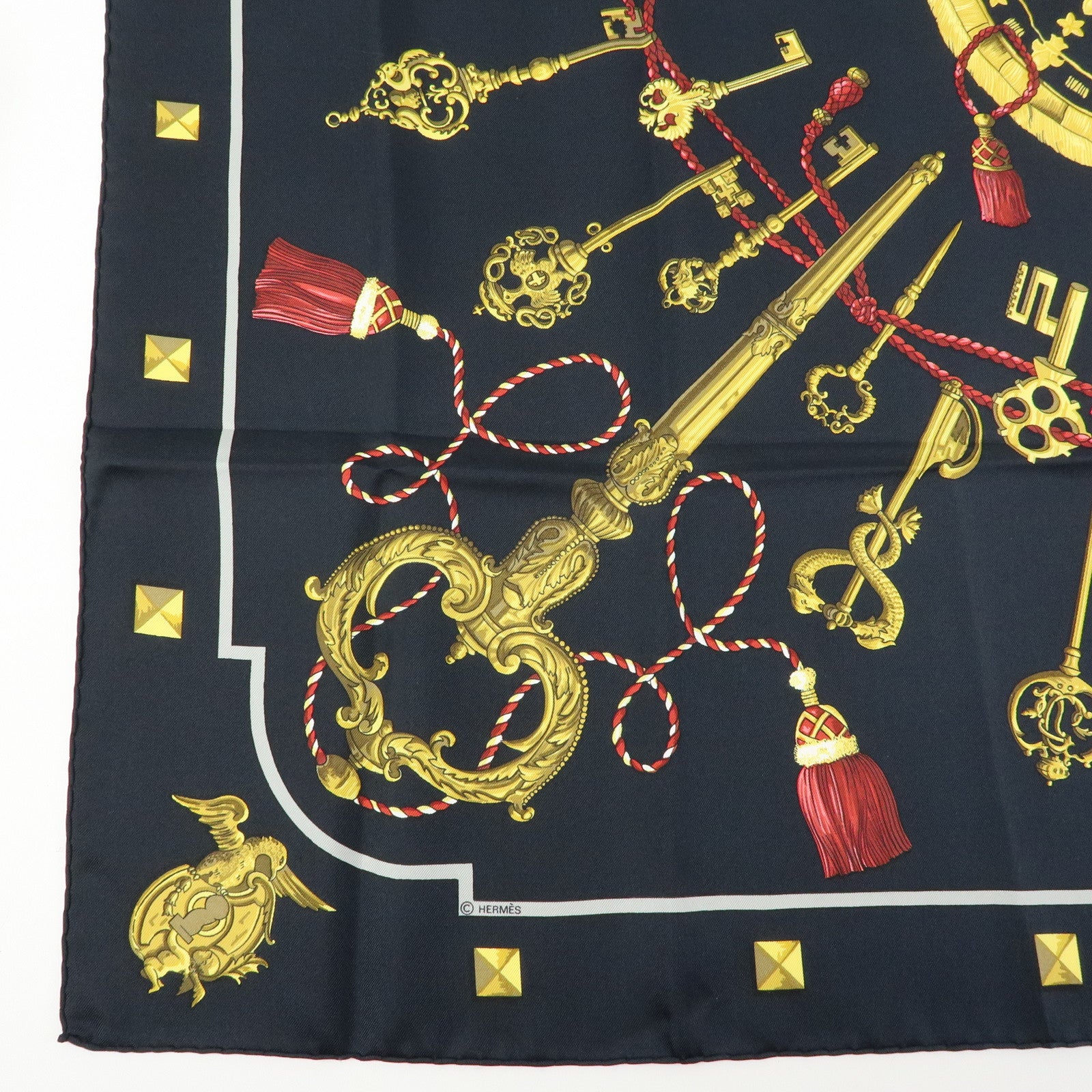 HERMES Carre 90 Silk 100% Scarf LES CLES THE KEYS RARE Black Gold
