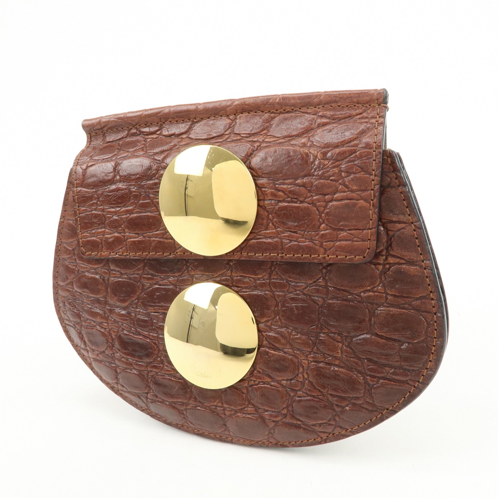 Chloe Logo Embossed Leather Shoulder Bag Hand Bag Brown