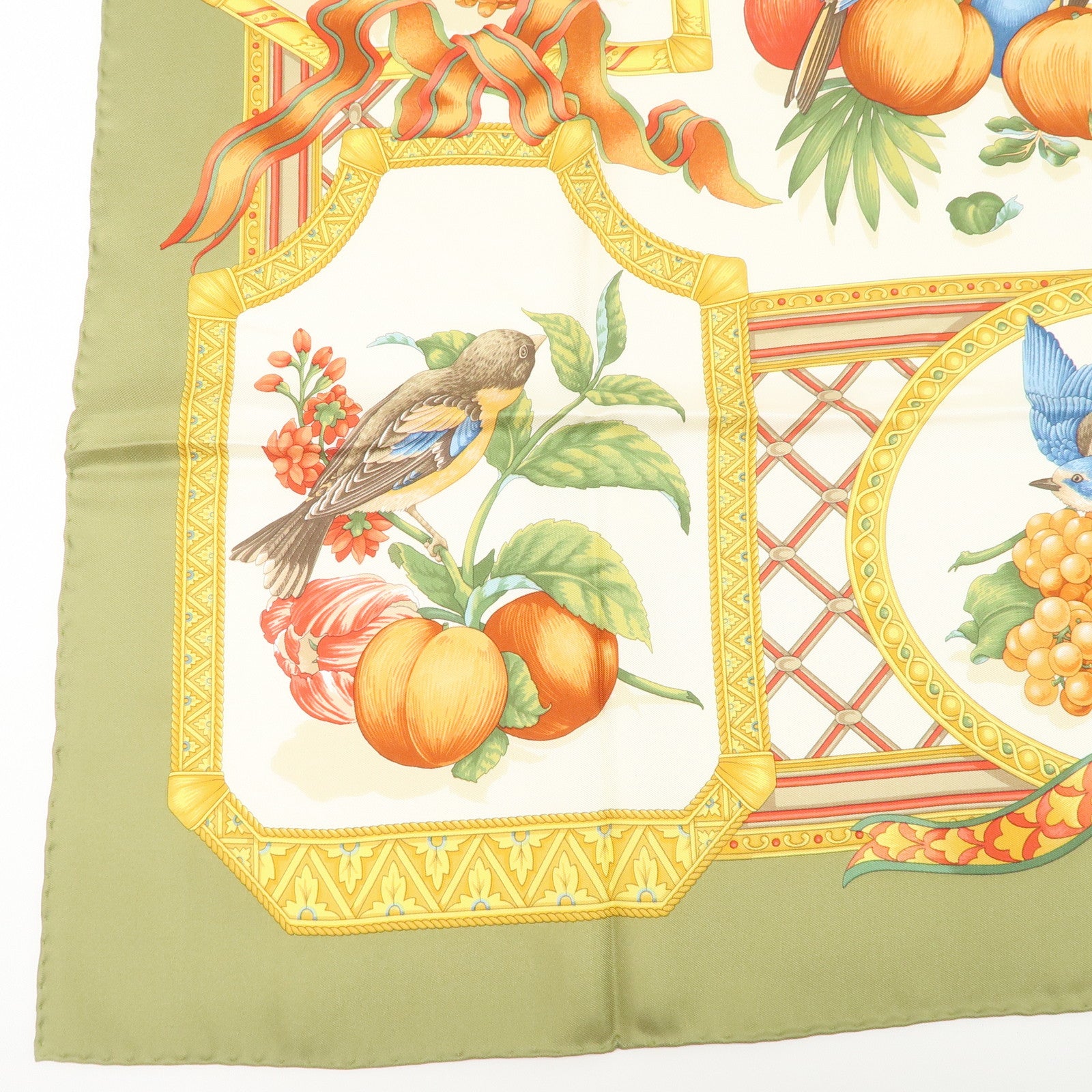 Ferragamo Flower Fruit Motif Silk 100% Scarf Ivory Green Orange