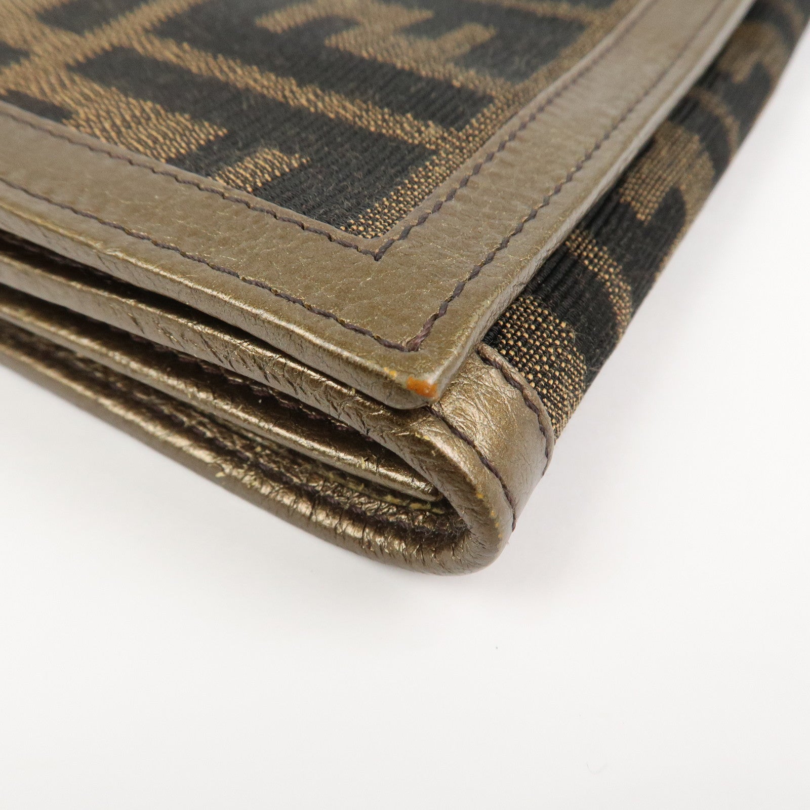 FENDI Zucca Canvas Leather Bi-fold Long Wallet Brown Gold 8M0000