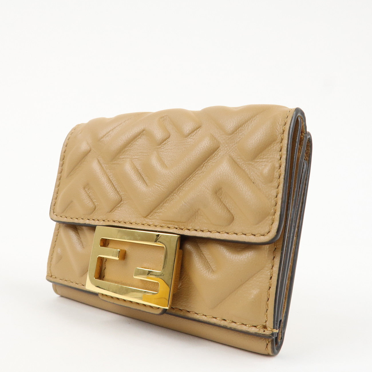 FENDI Zucca Baguette Leather Micro Tri-fold Wallet Beige 8M0395 Used