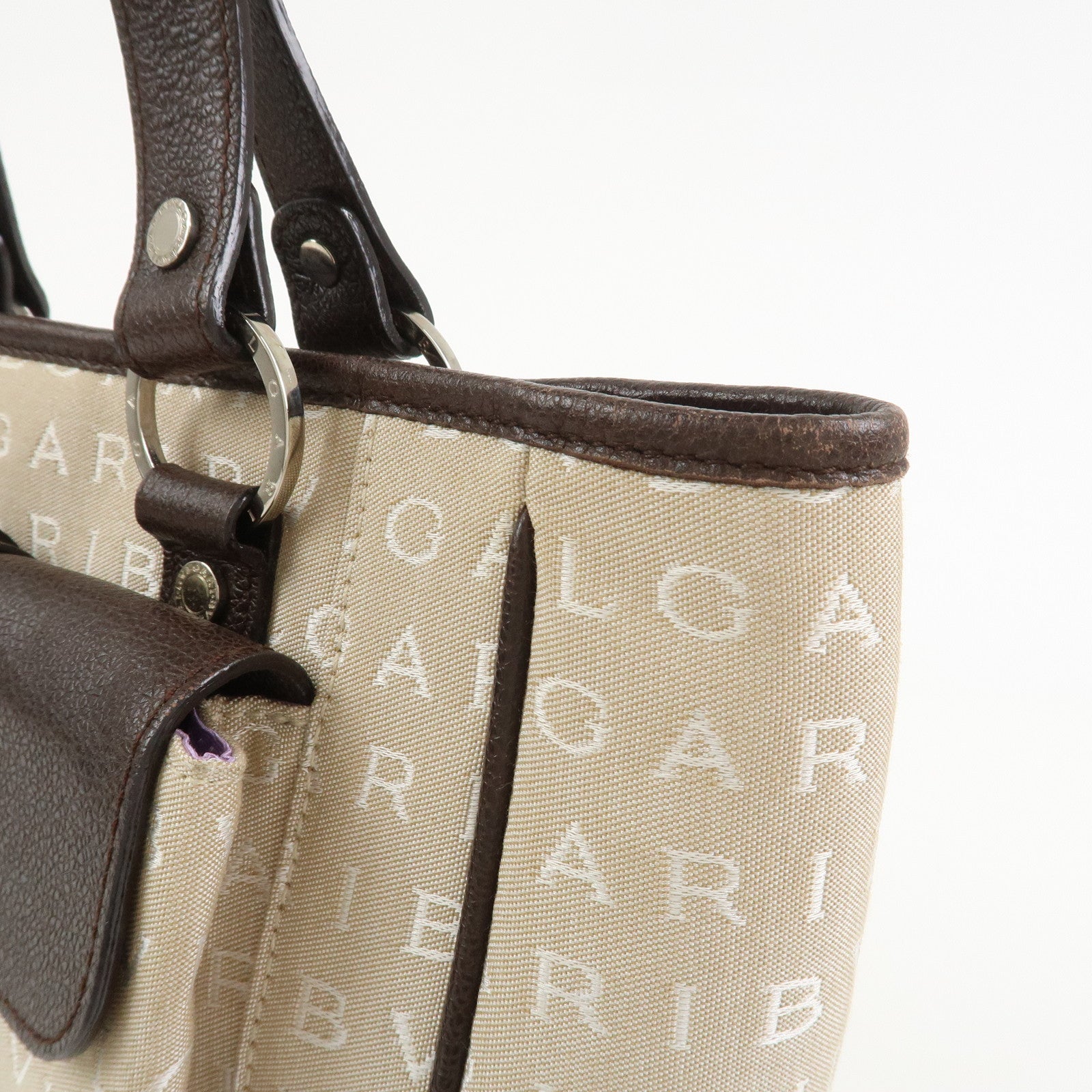 BVLGARI Logo Mania Canvas Leather Tote Bag Hand Bag Beige Brown