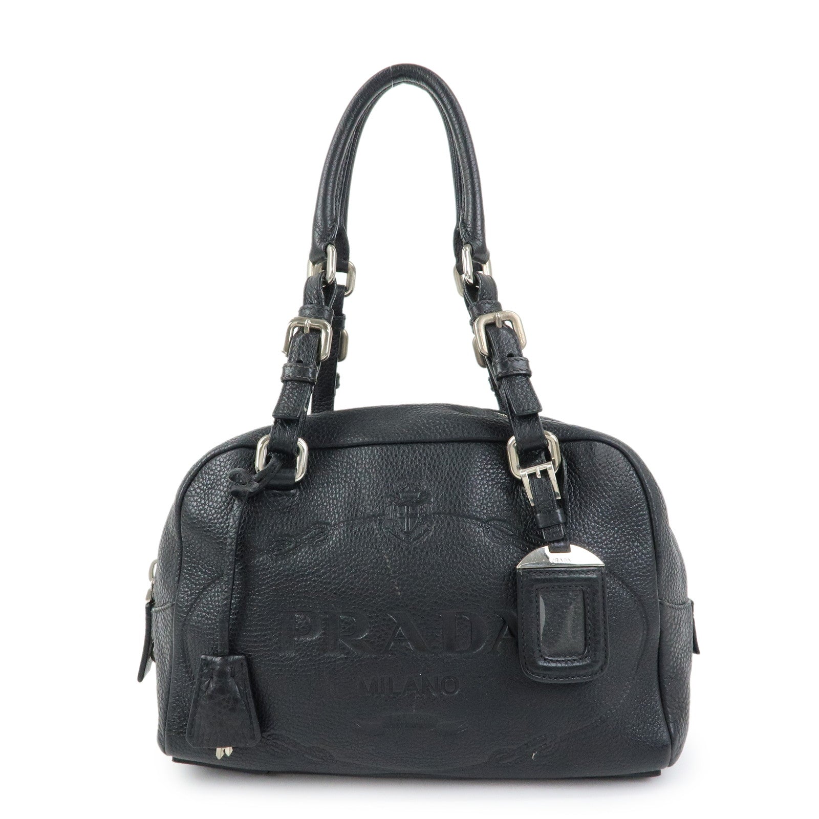 PRADA Logo Leather Shoulder Bag Mini Boston Bag Black