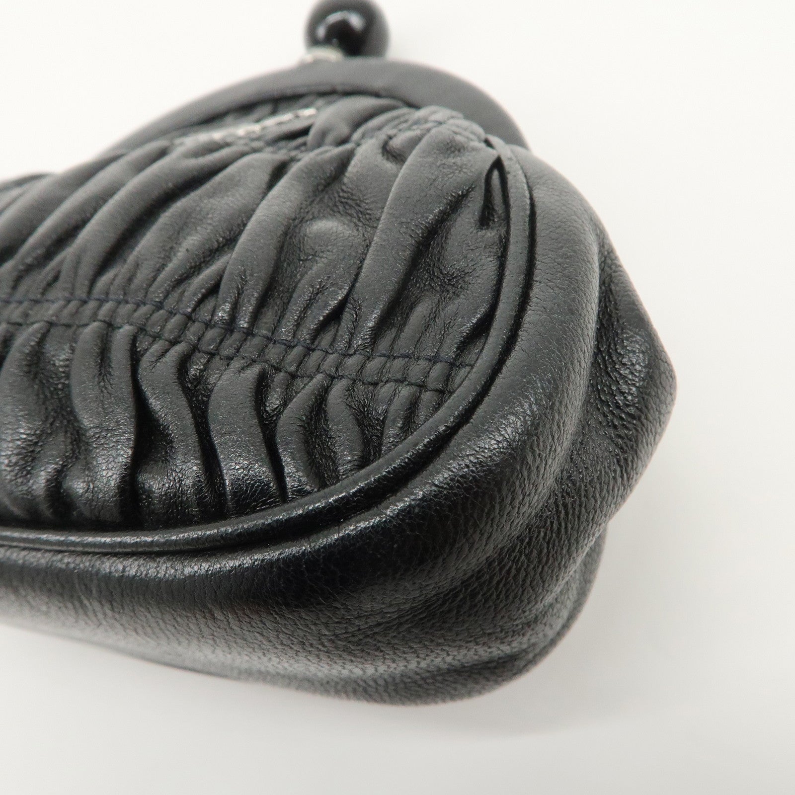 PRADA Logo Gathered Leather Pouch Compact Wallet Coin Case Black