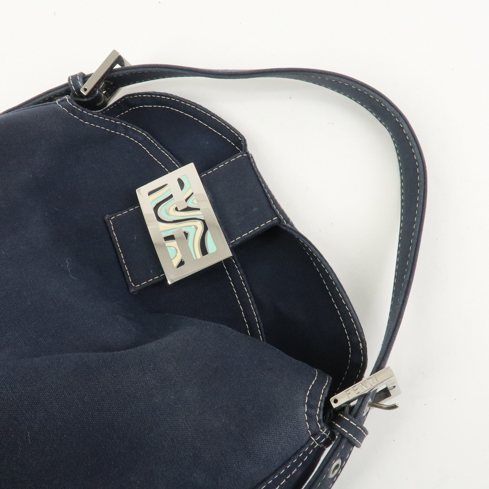 FENDI Logo Canvas Shoulder Bag Hand Bag Navy 26426