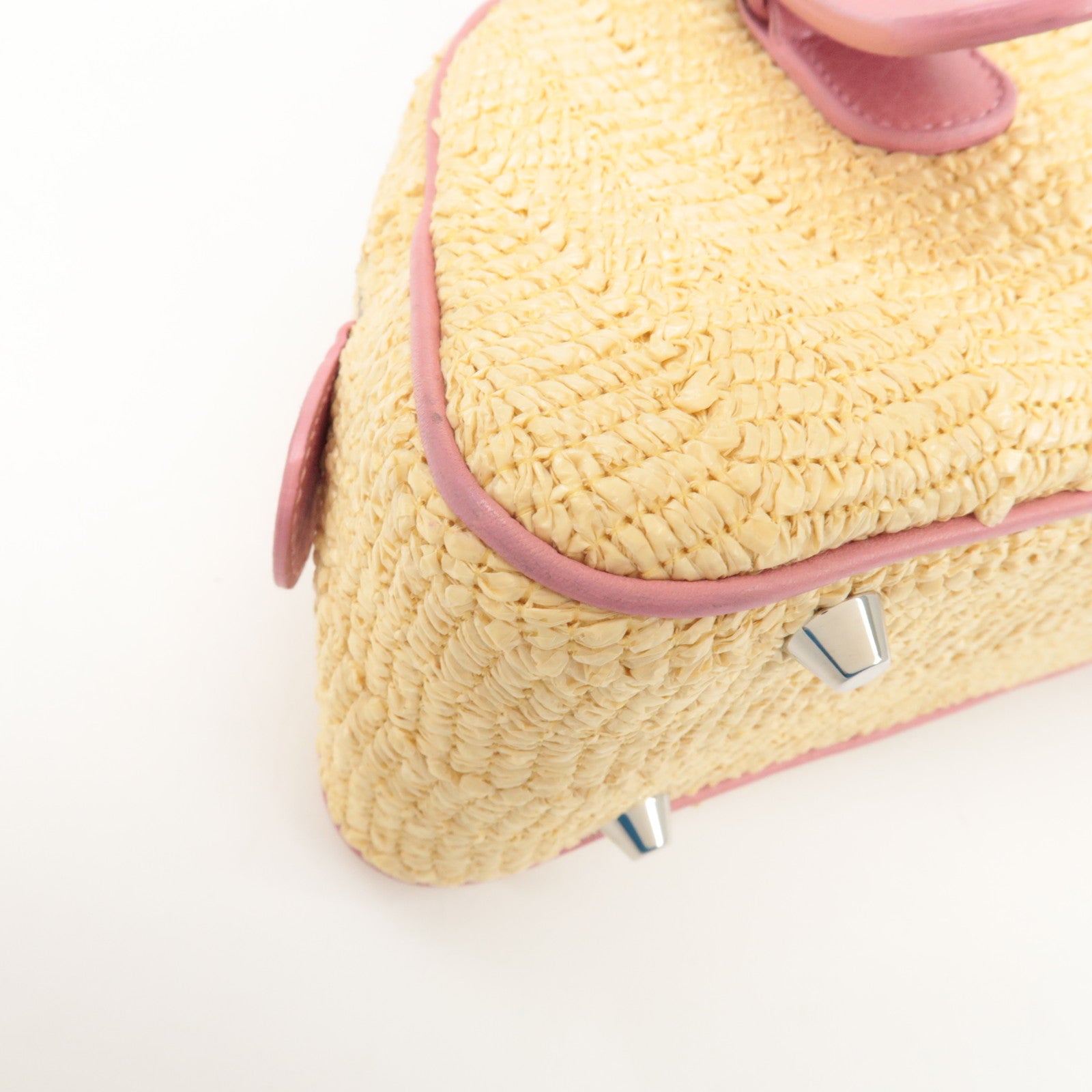 Christian Dior Leather Raffia Straw Hand Bag Pink Natural Used
