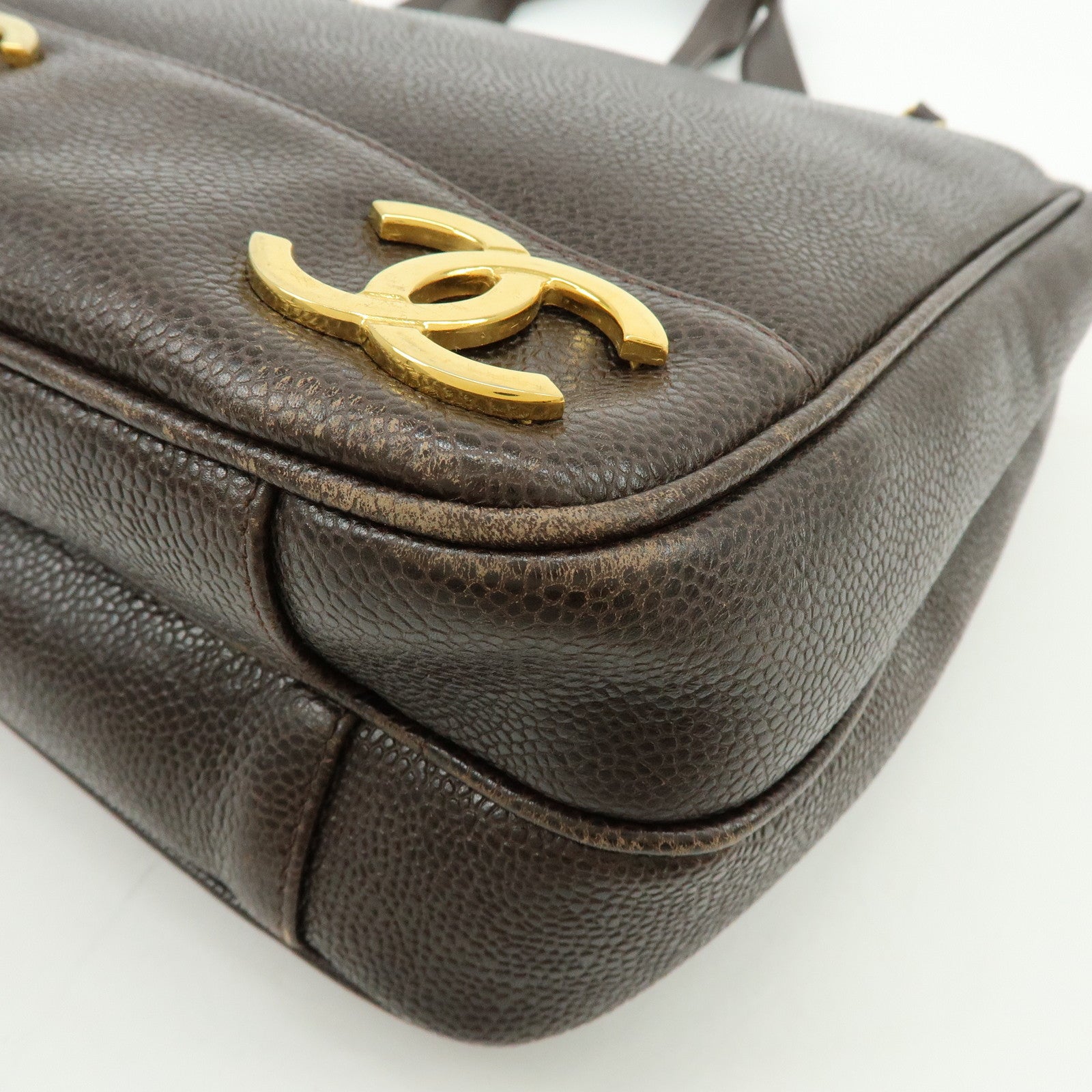 CHANEL Triple COCO Mark Caviarskin Chain Shoulder Bag Brown