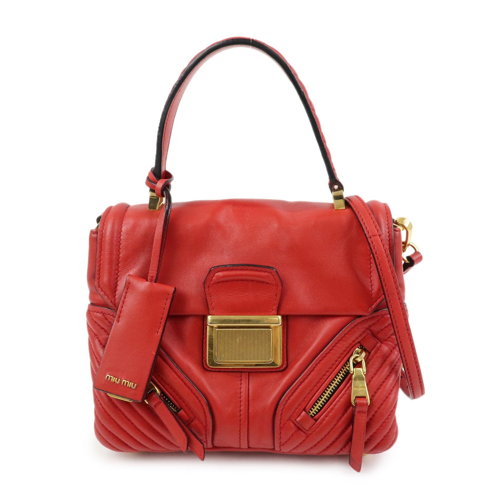 MIU MIU Leather 2Way Bag Hand Bag Shoulder Bag Crossbody Bag Red