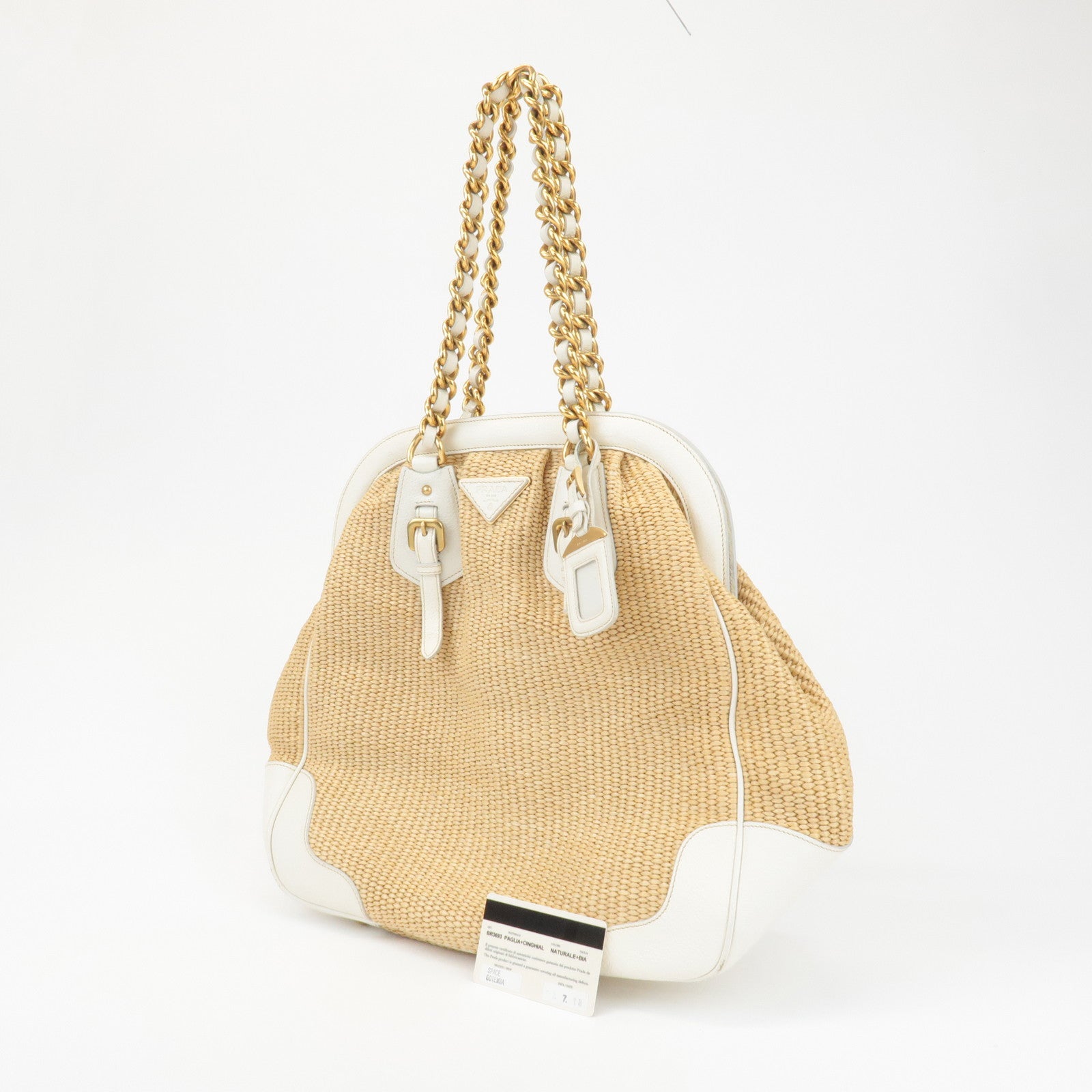 PRADA Triangle Leather Raffia Shoulder Bag Straw Bag Beige BR3693 Used