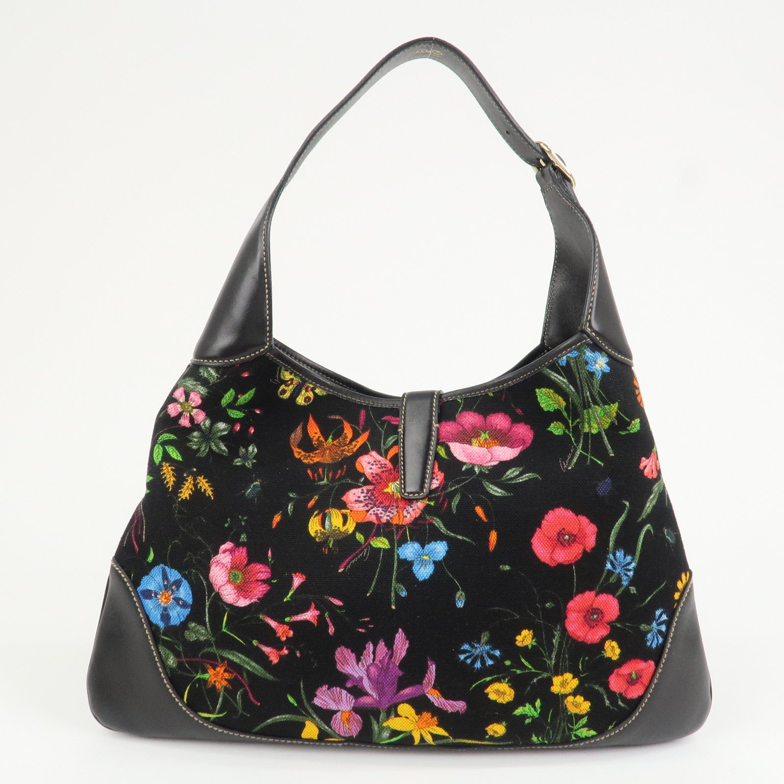 GUCCI Canvas Leather Shoulder Bag Flower Print Black 153029