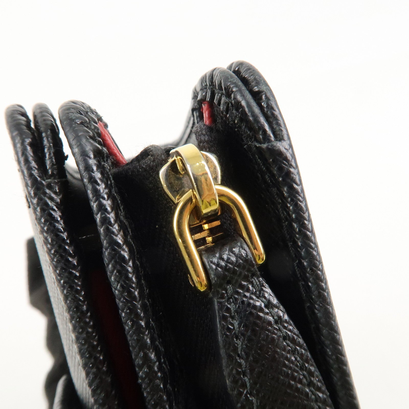 PRADA Saffiano Leather Bi-Fold Wallet Black Red Gold 1ML018 Used