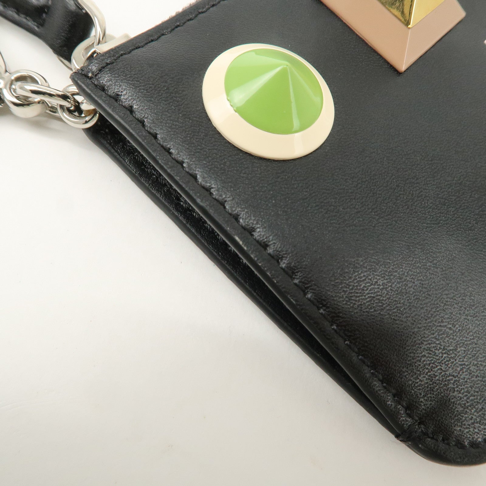 FENDI Logo Leather Studs Coin Purse Coin Case Black 8AP151 Used