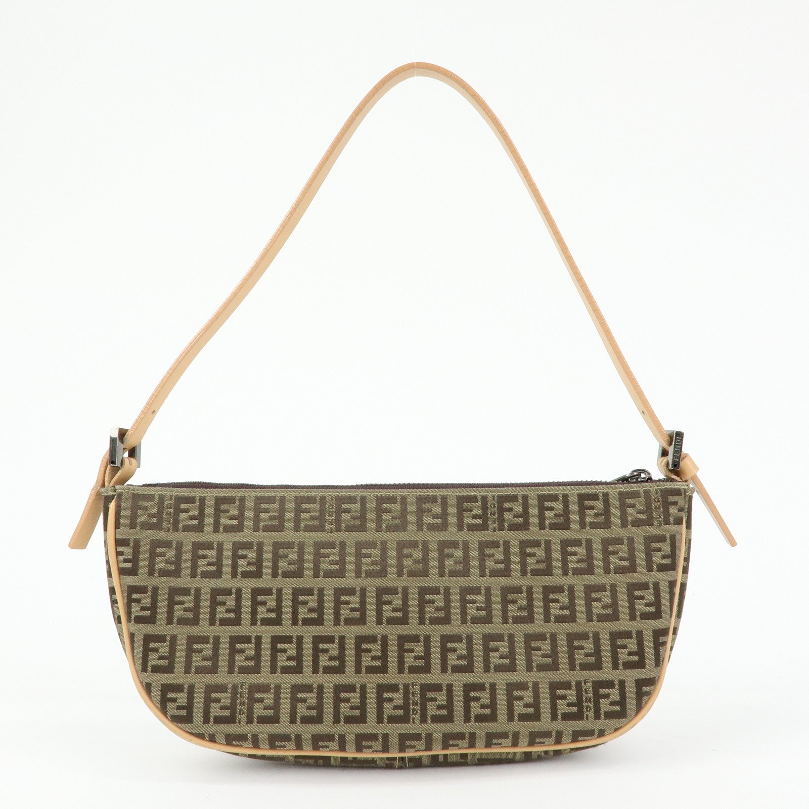 FENDI Zucchino Canvas Leather Shoulder Bag Hand Bag Beige 8BR144