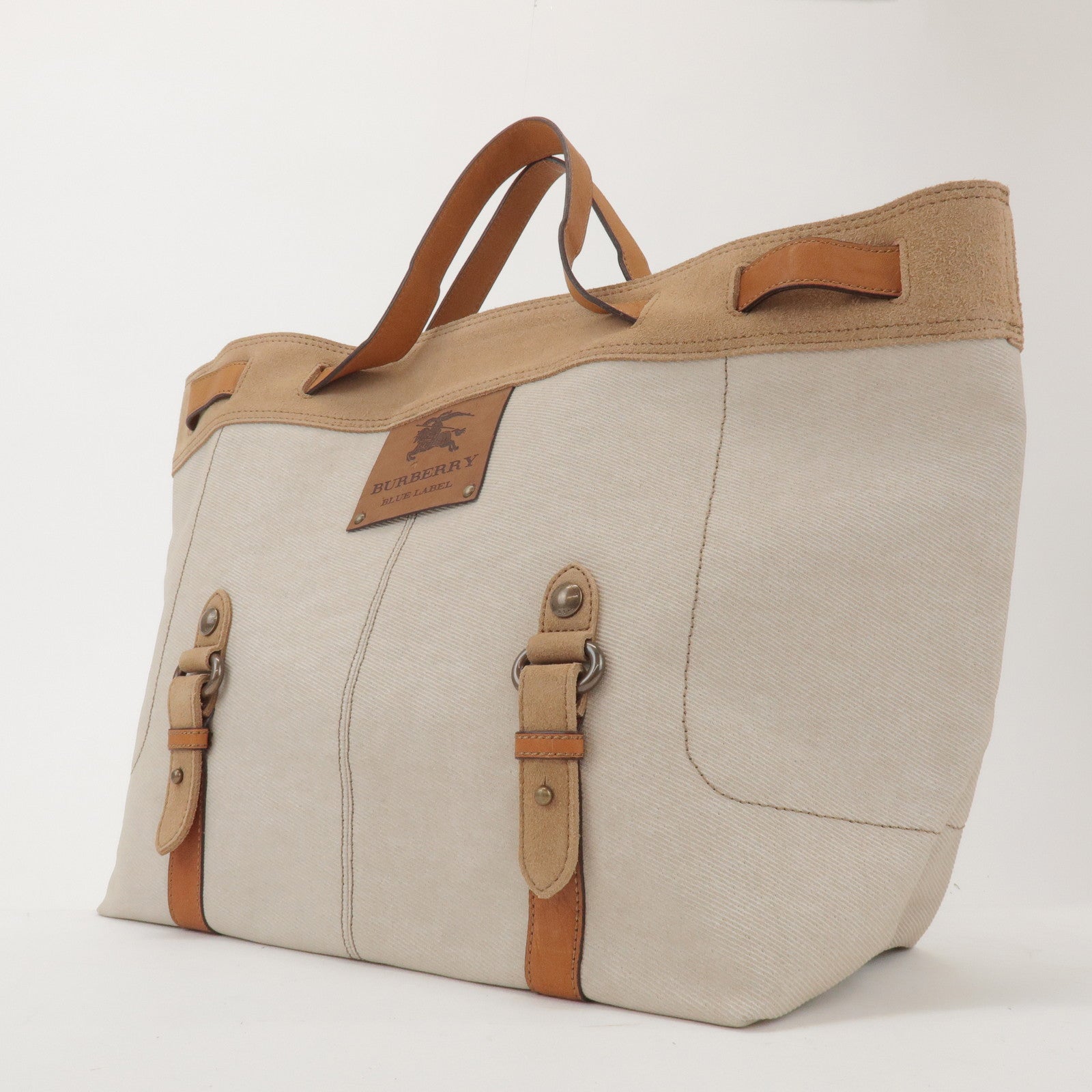 BURBERRY Blue Label Canvas Suede Leather Tote Bag Natural Brown