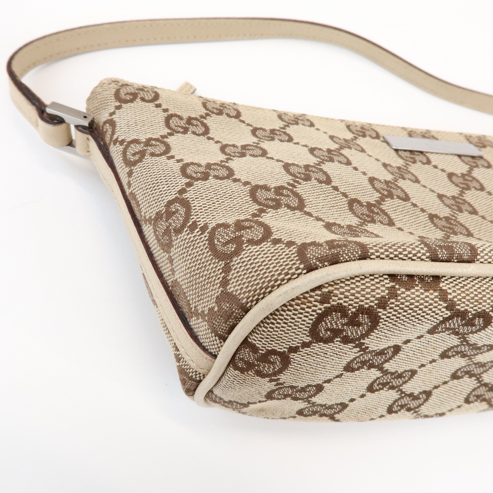 GUCCI Boat Bag GG Canvas Leather Pouch Hand Bag Beige Brown 07198