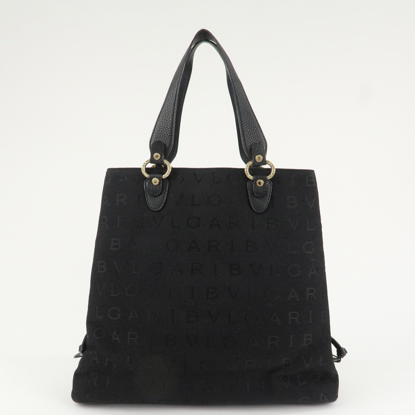 BVLGARI Logo Mania Canvas Leather Tote Bag Black Gold Hardware Used