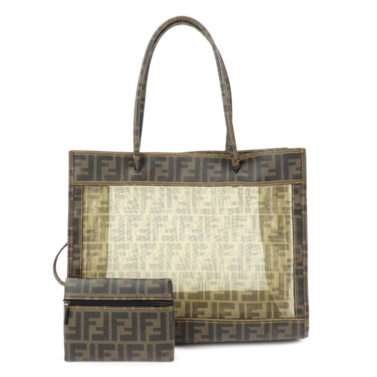 FENDI Zucca Mesh PVC Canvas Tote Bag Shoulder Bag Brown 8BH183