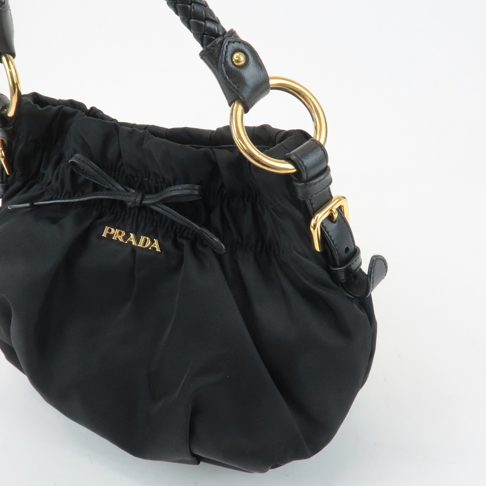 PRADA Ribbon Leather Nylon Shoulder Bag Hand Bag Black
