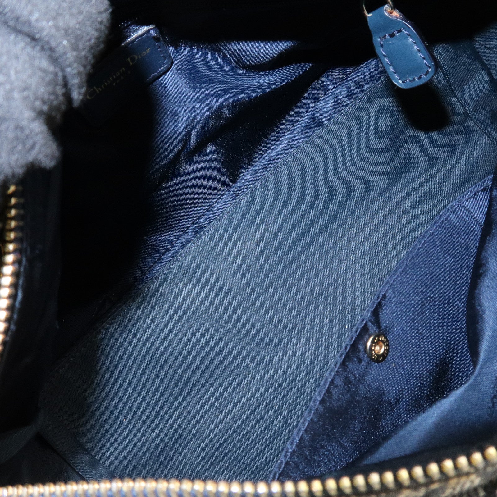 Christian Dior Oblique Canvas Leather Boston Bag Hand Bag Navy