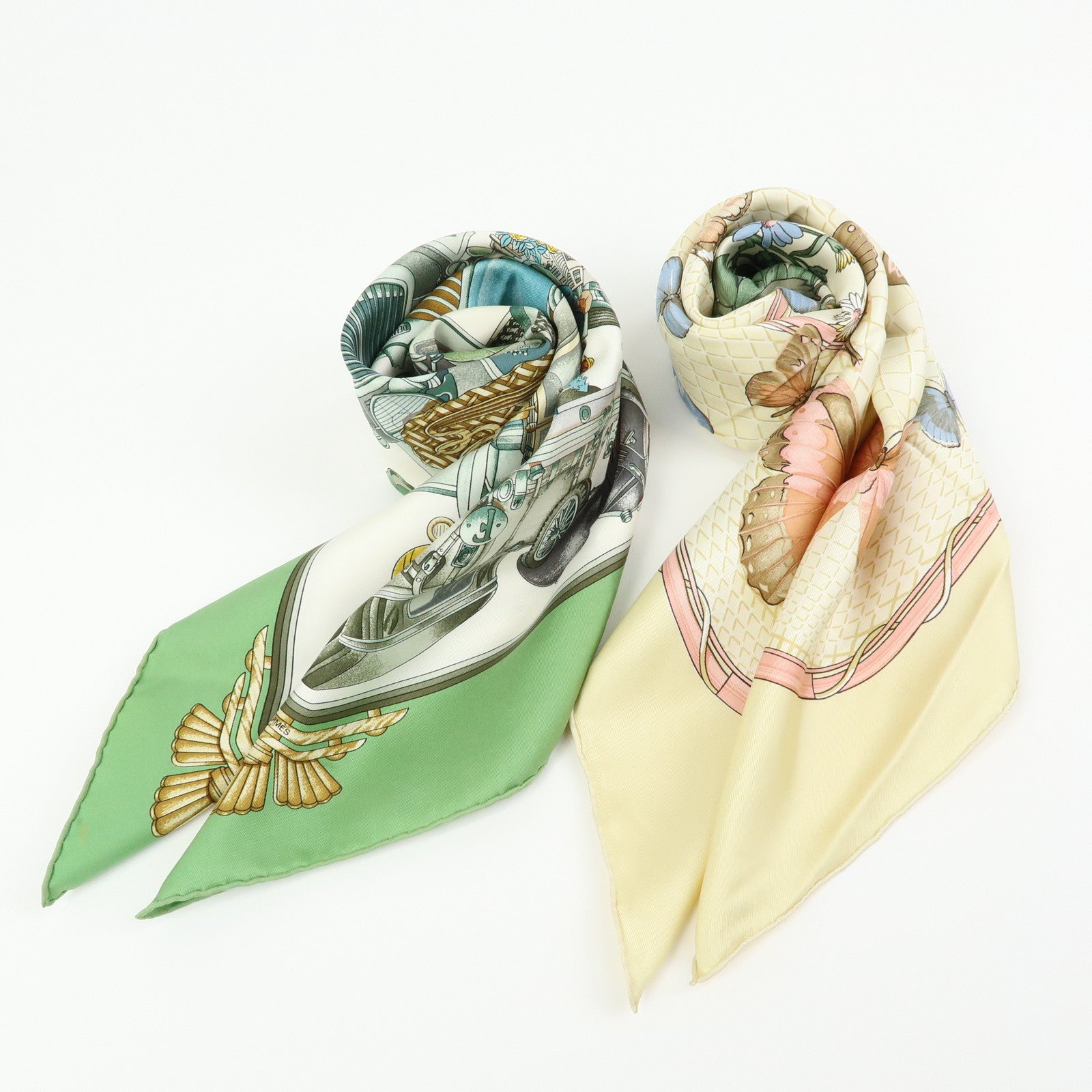 HERMES Carre 90 Set of 2 Silk 100% Scarf Beige Pink Green Yellow