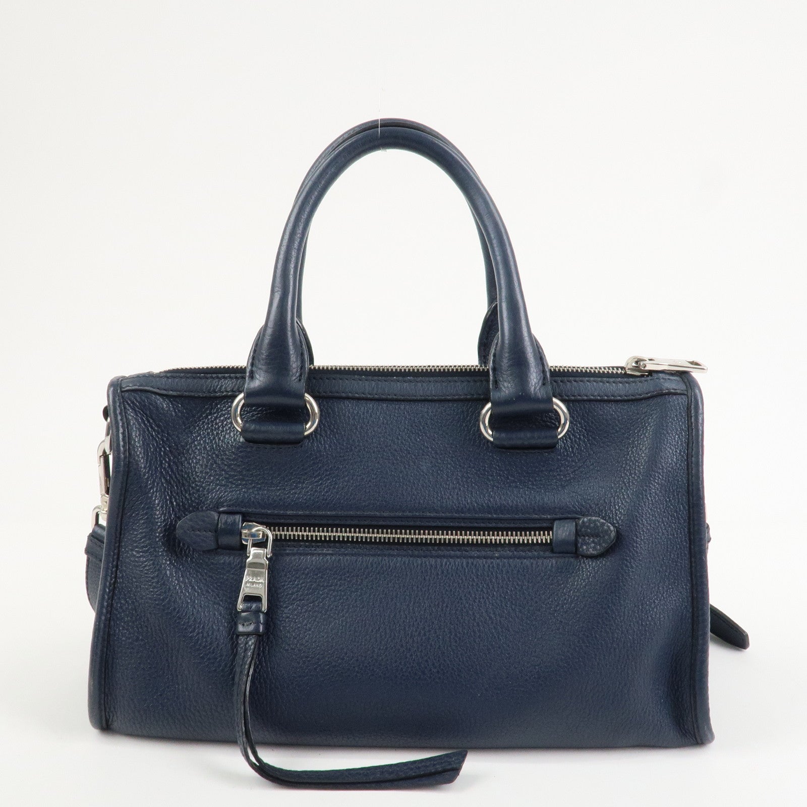 PRADA Logo Leather Vitello Phenix 2WAY Bag Hand Bag Navy 1BB022