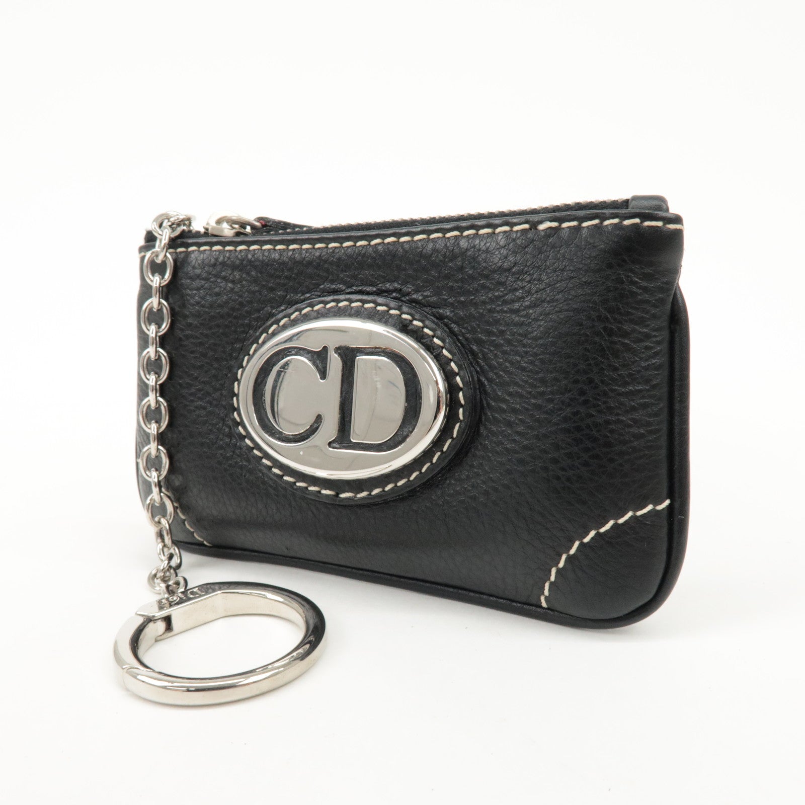 Christian Dior CD Logo Leather Coin Case Key Case Silver HDW Black Used