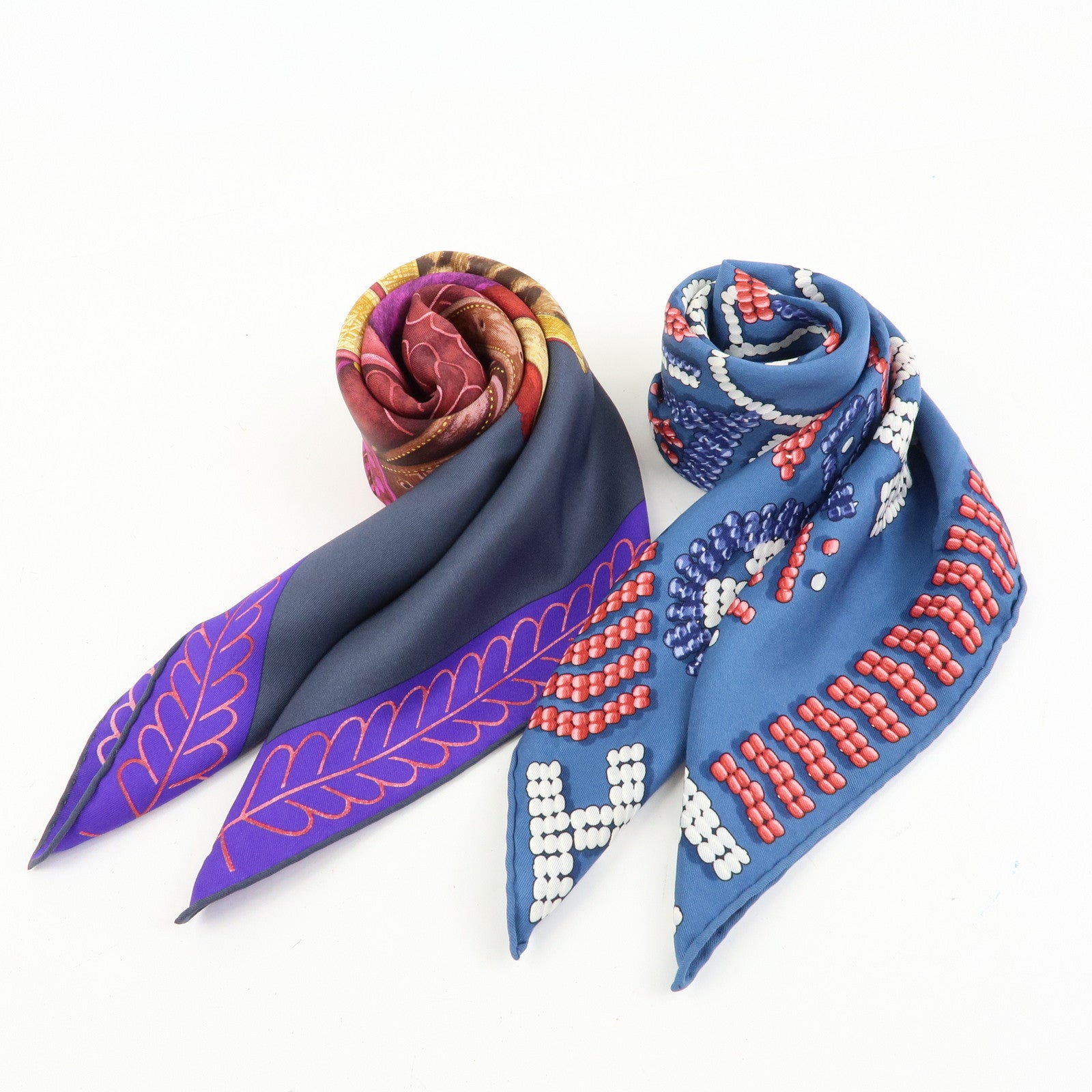 HERMES Carre 65 Set of 2 Silk 100% Scarf Black Purple Blue