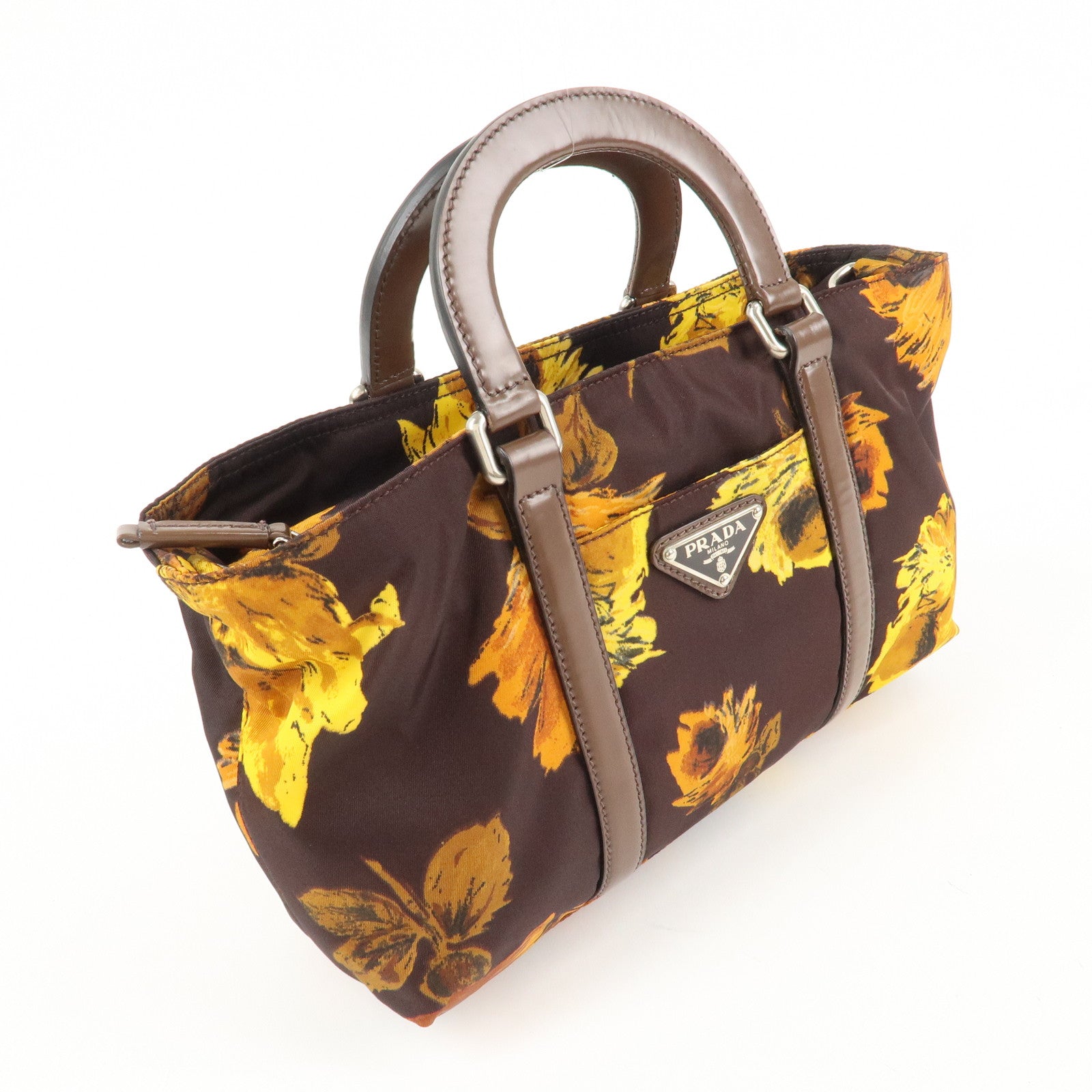 PRADA Triangle Logo 2Way Hand Bag Shoulder Bag Brown Yellow BN1052 Used