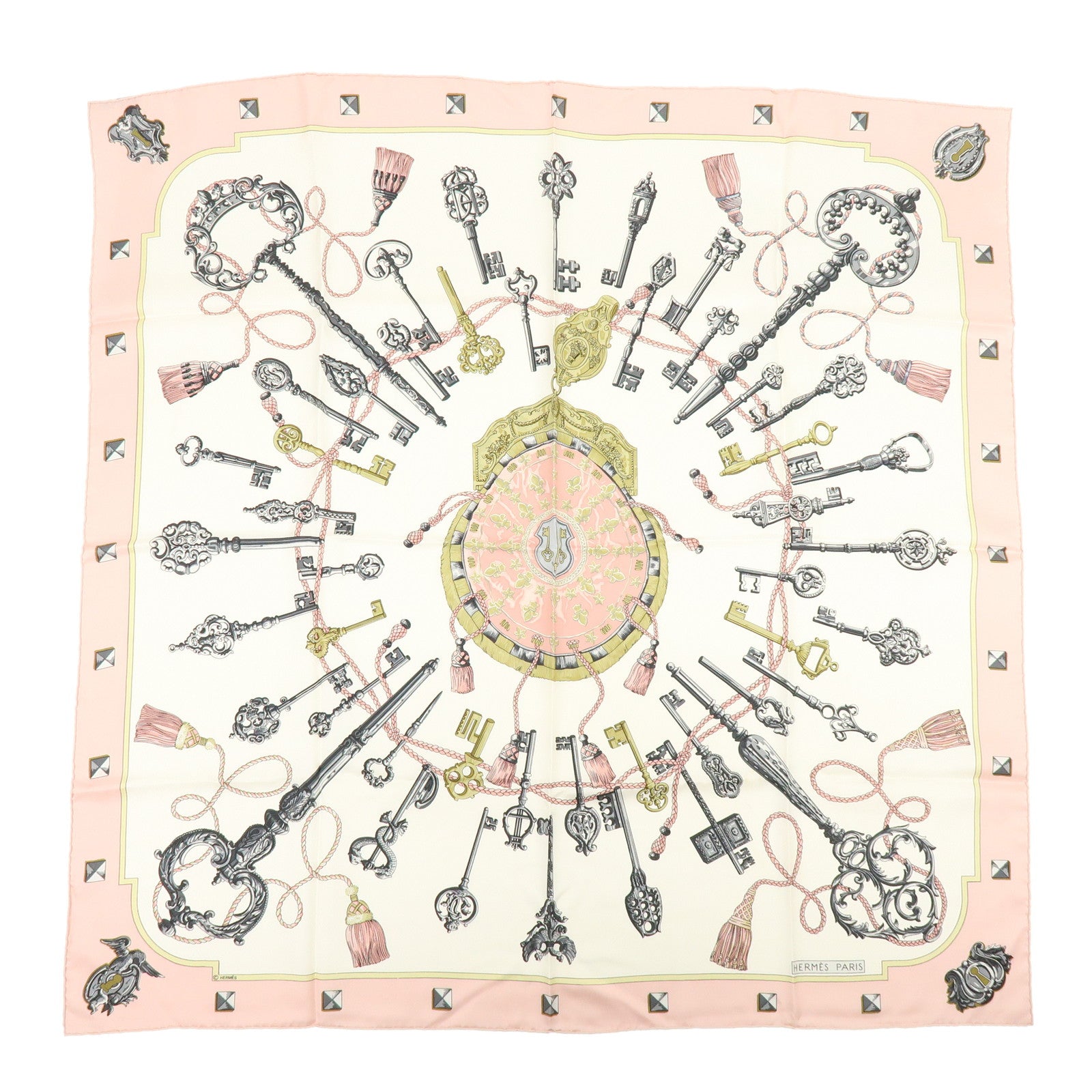 HERMES Carre 90 Silk 100% Scarf LES CLES THE KEYS RARE Ivory Pink