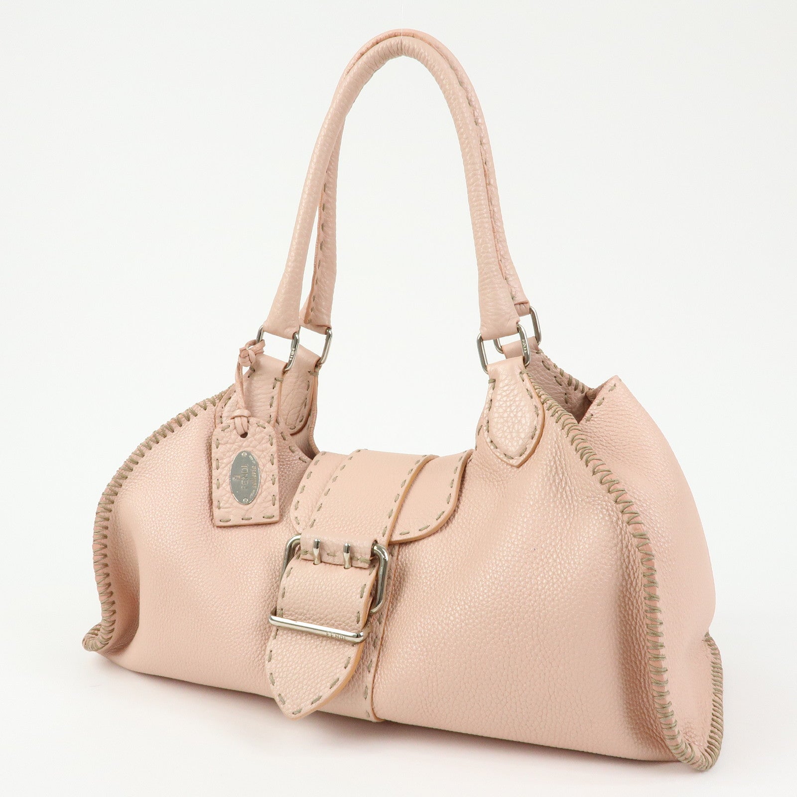 FENDI Selleria Stitches Leather Tote Bag Hand Bag Pink 8BR457