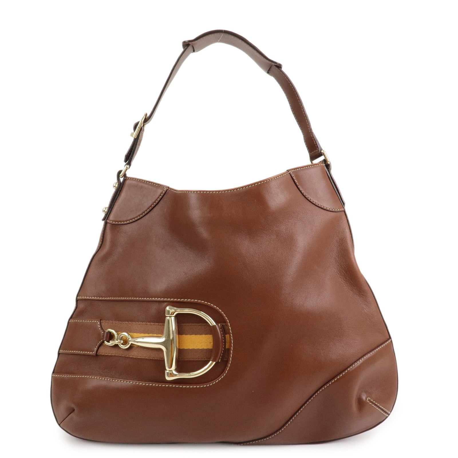 GUCCI Horsebit GG Canvas Leather Shoulder Bag Brown 137386