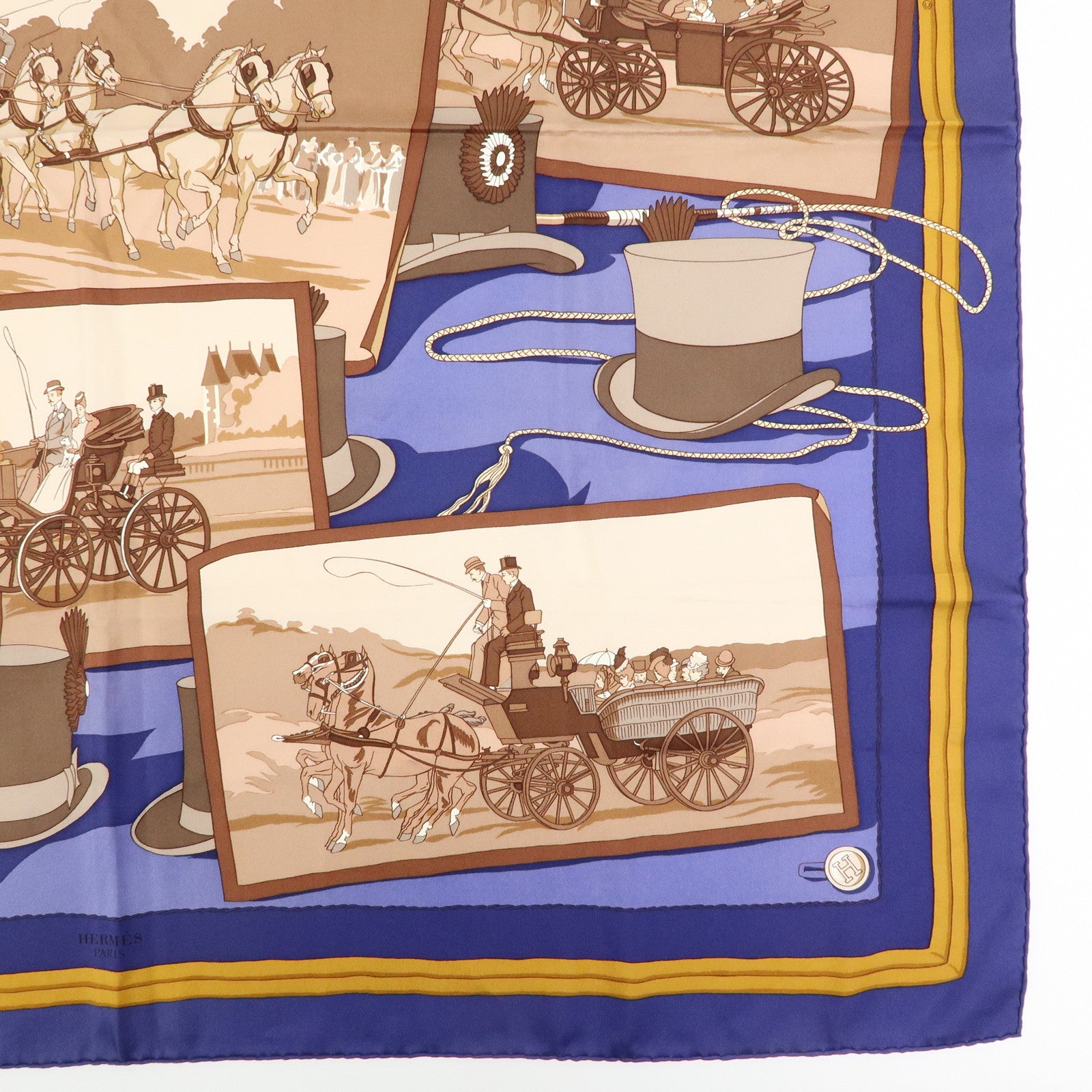 HERMES Carre 90 Set of 2 Silk 100% Scarf Navy Beige Brown