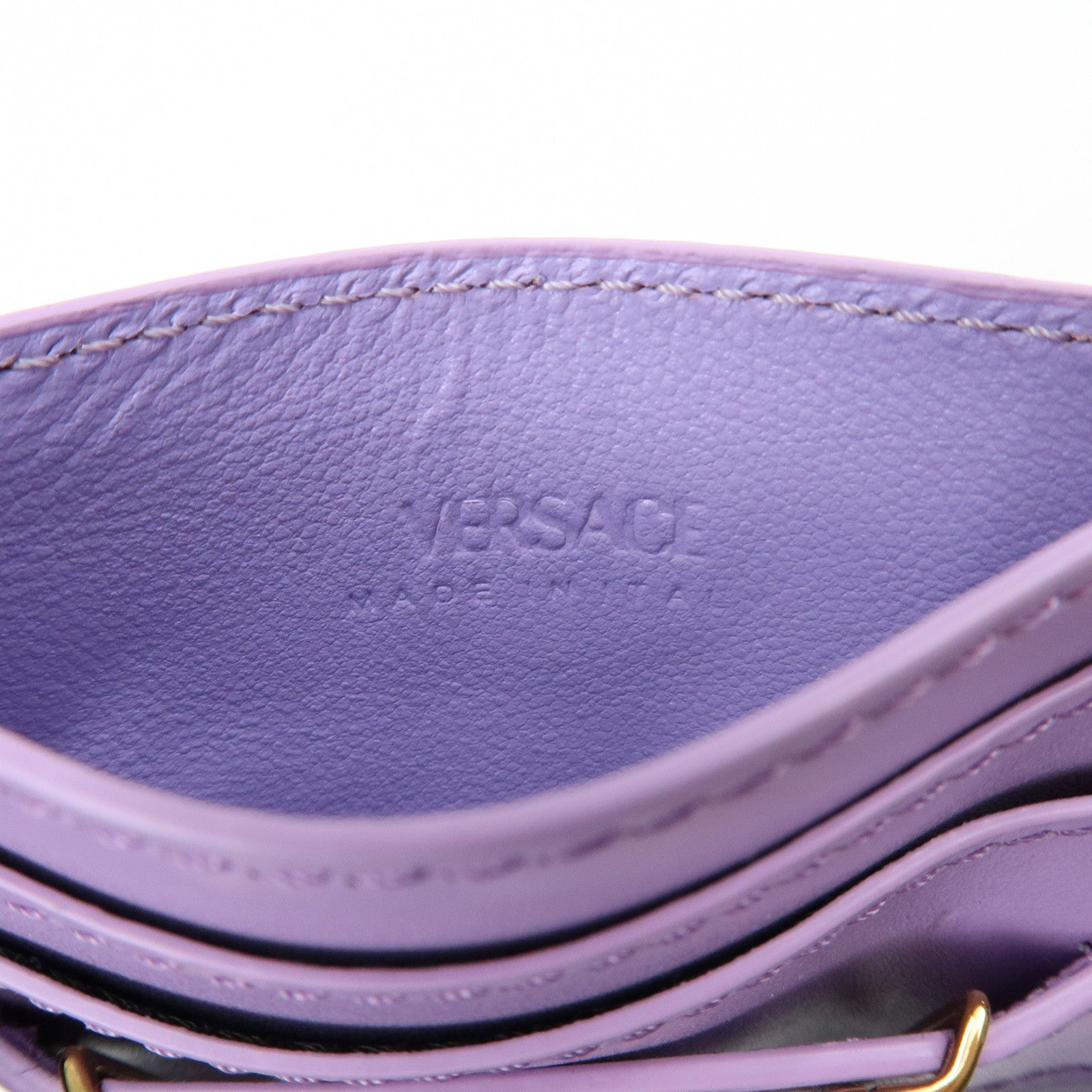 VERSACE Logo Leather Card Case Card Wallet Light Purple Gold