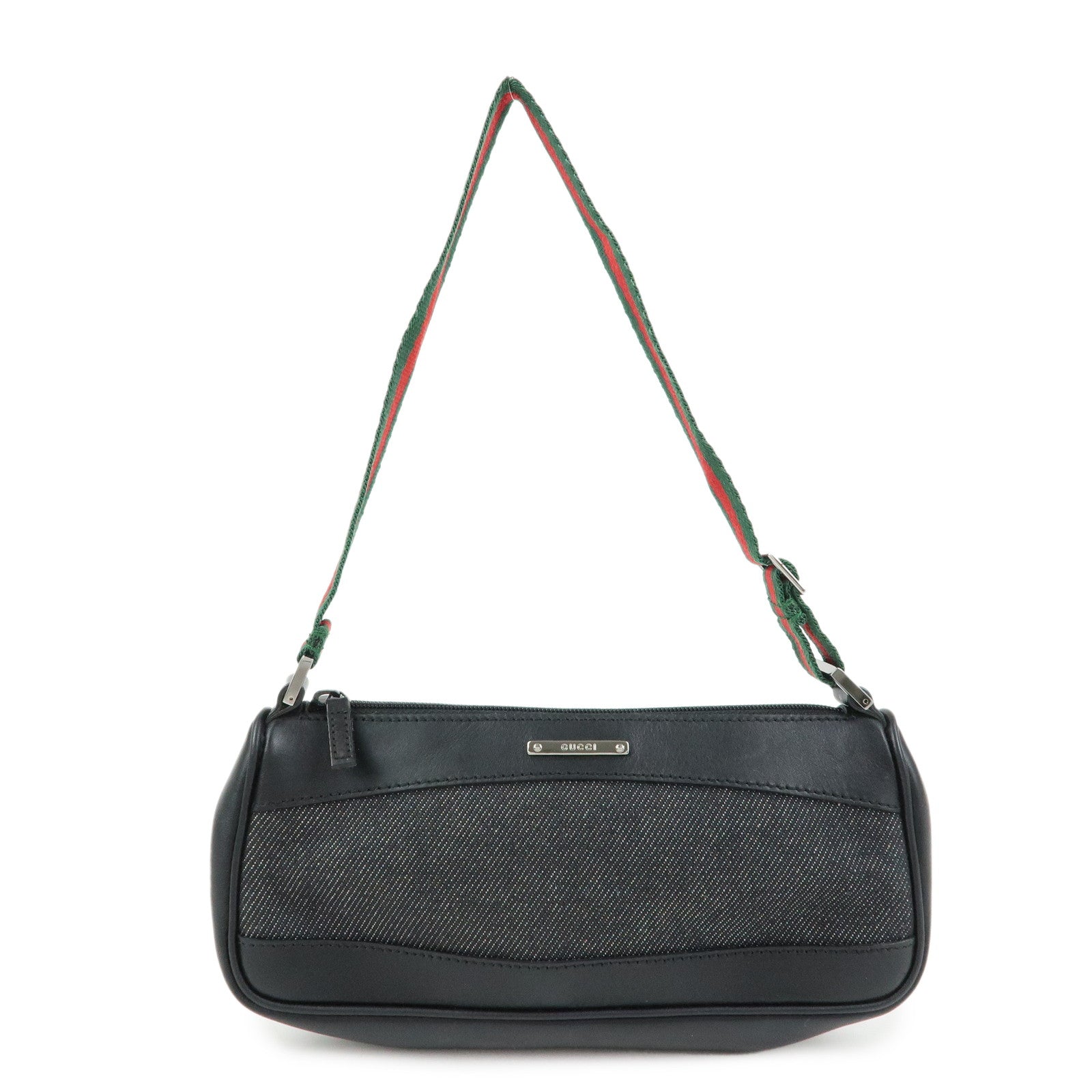 GUCCI Sherry Denim Leather Accessory Pouch Hand Bag Black 92820