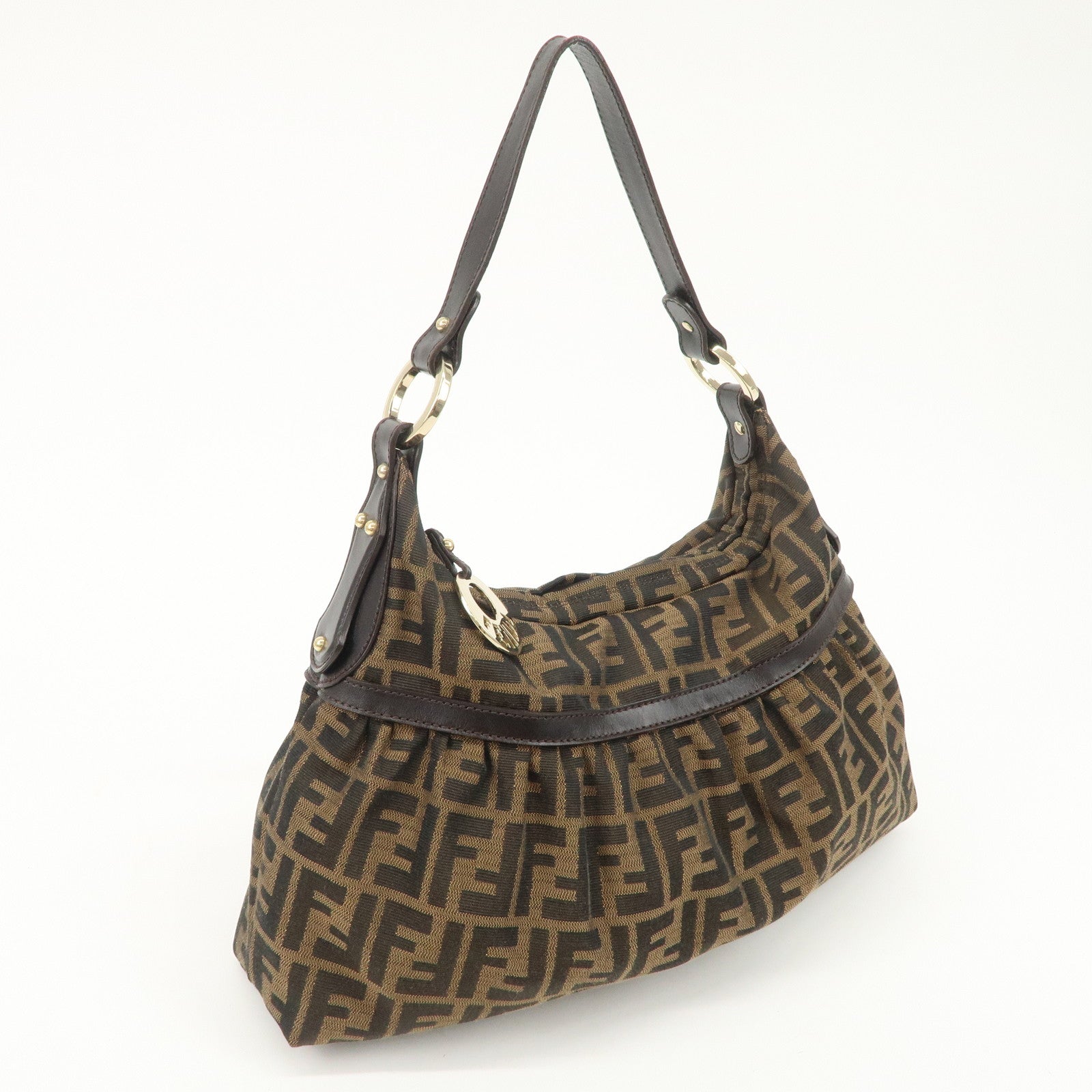 FENDI Zucca Canvas Leather Shoulder Bag Hand Bag Black Brown 8BR448