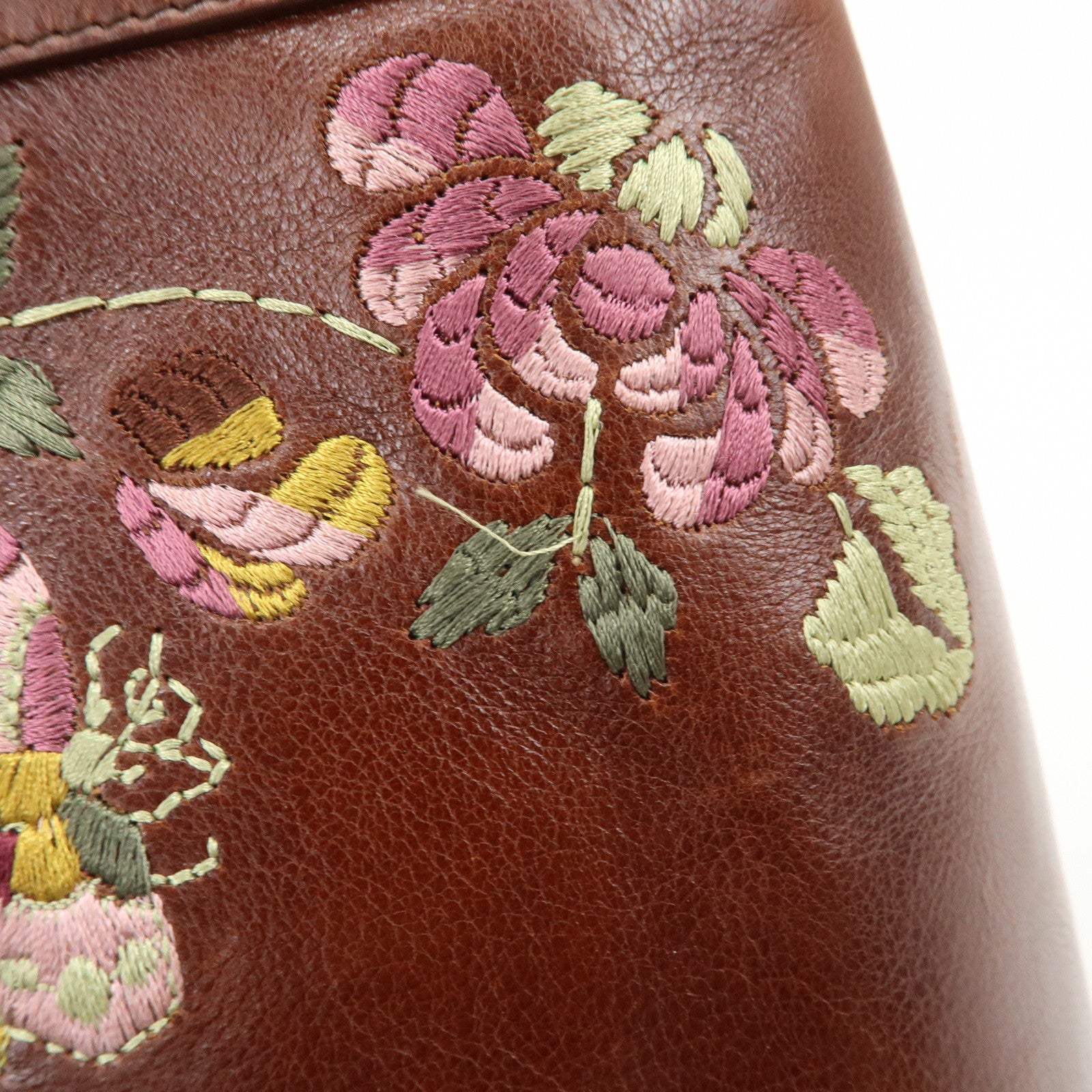 Christian Dior Leather Flower Embroidery Tote Shoulder Bag Brown