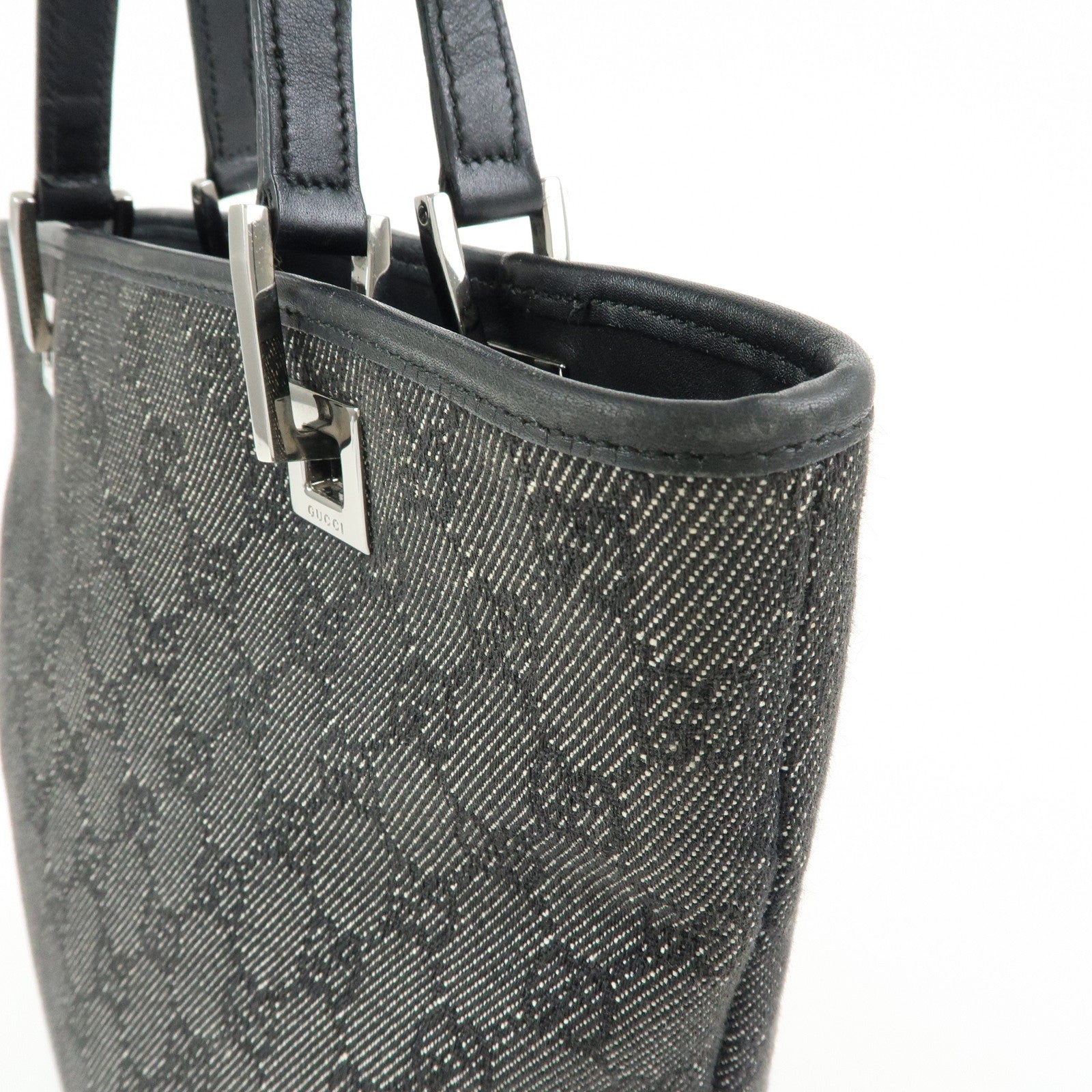 GUCCI GG Denim Leather Tote Bag Shoulder Bag Black 31244