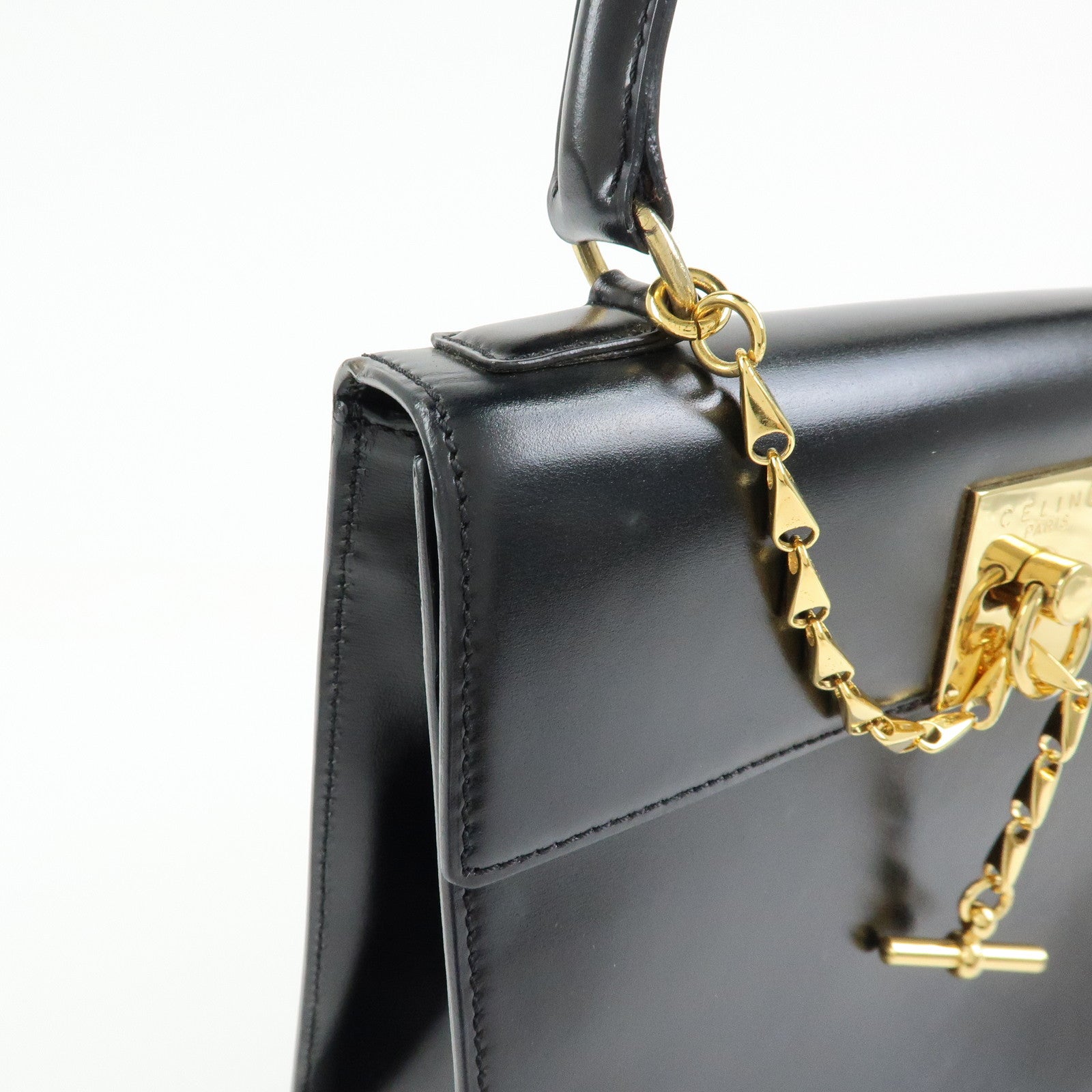 CELINE Leather Hand Bag Top-handle Bag Black Gold Chain