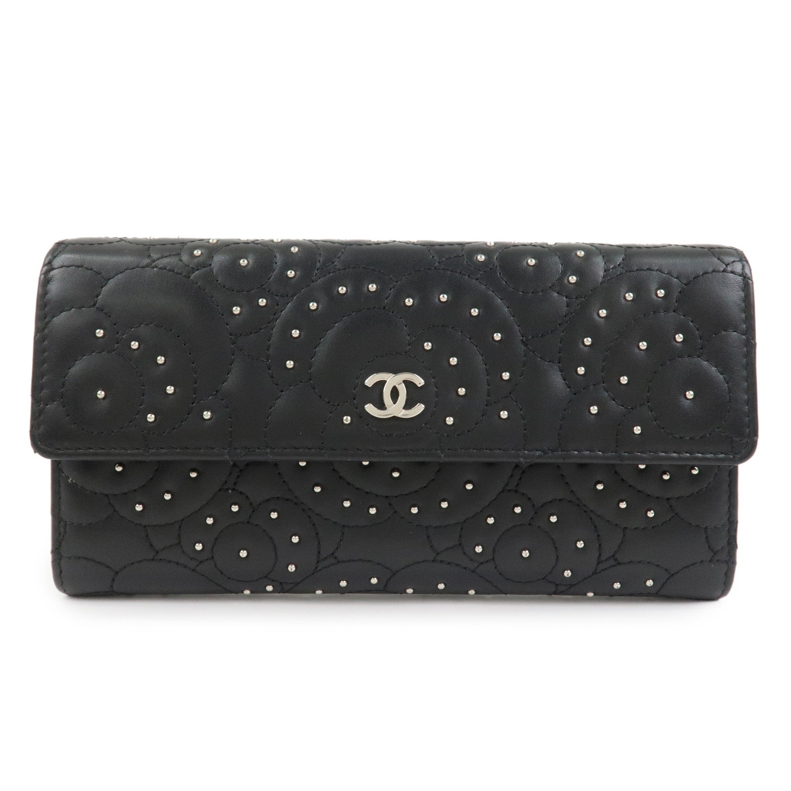 CHANEL Camellia Leather Long Wallet Black Silver Studs A82283