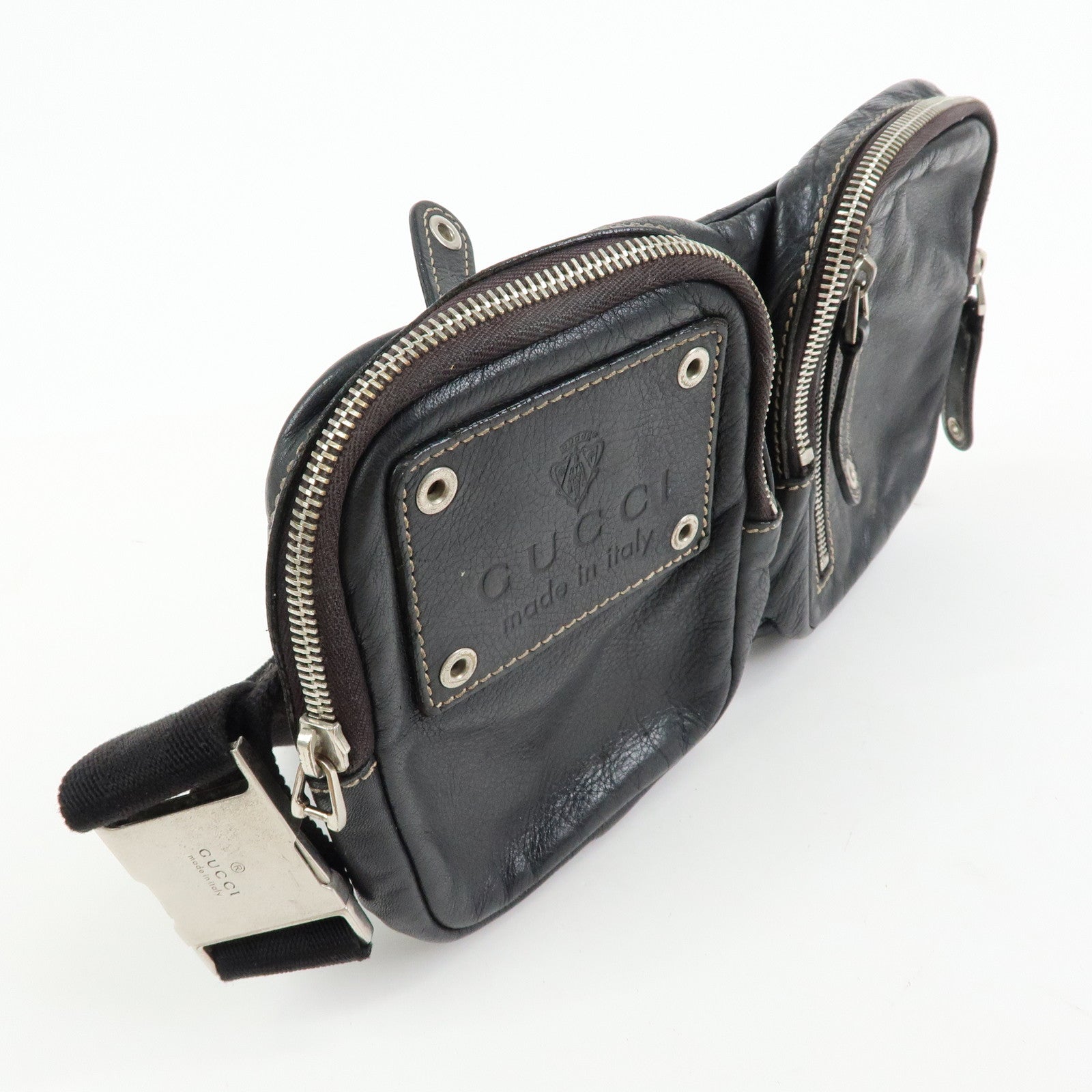 GUCCI Leather Waist Pouch Body Bag Crossbody Bag Black 201846