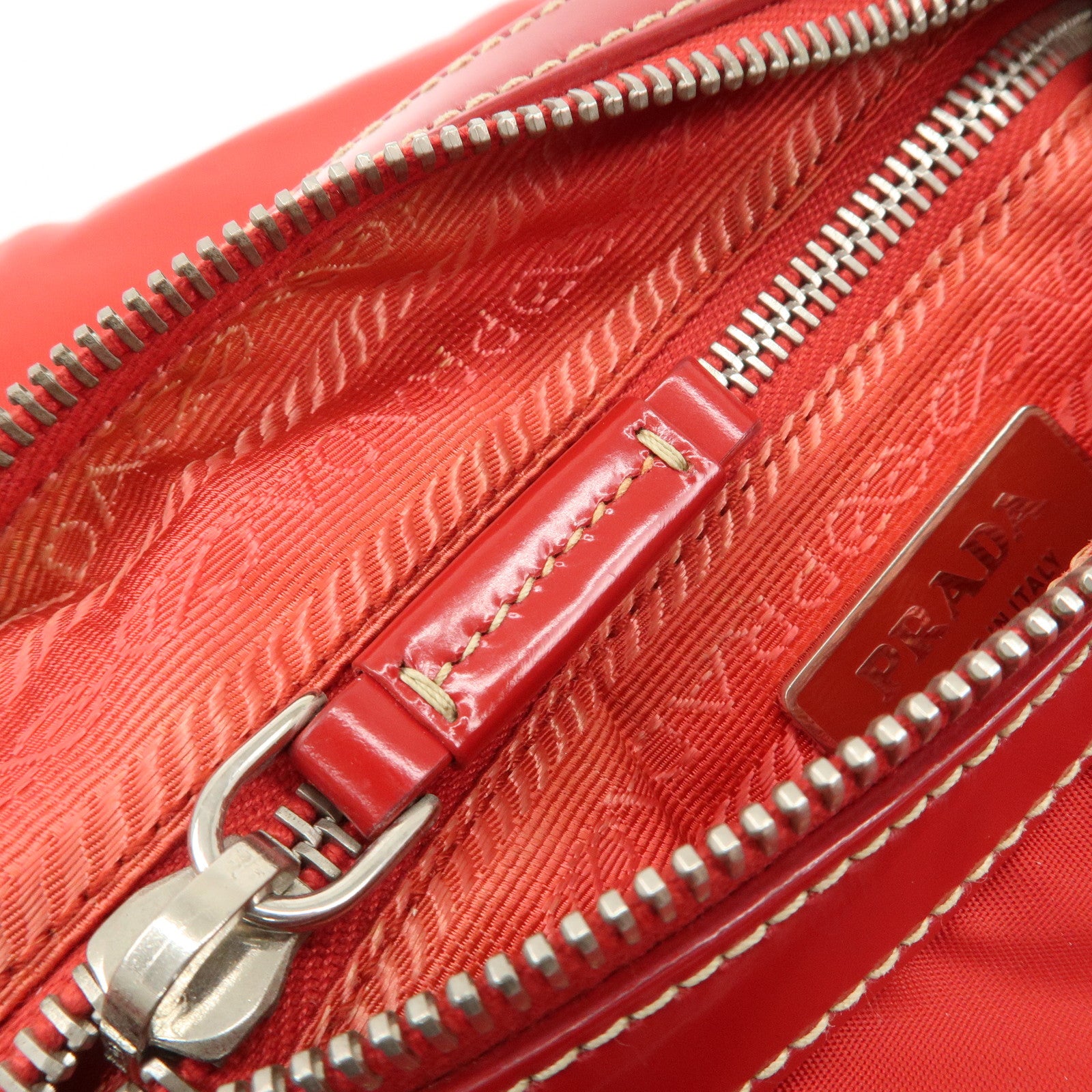 PRADA Logo Nylon Leather Shoulder Bag Silver HDW Red Used
