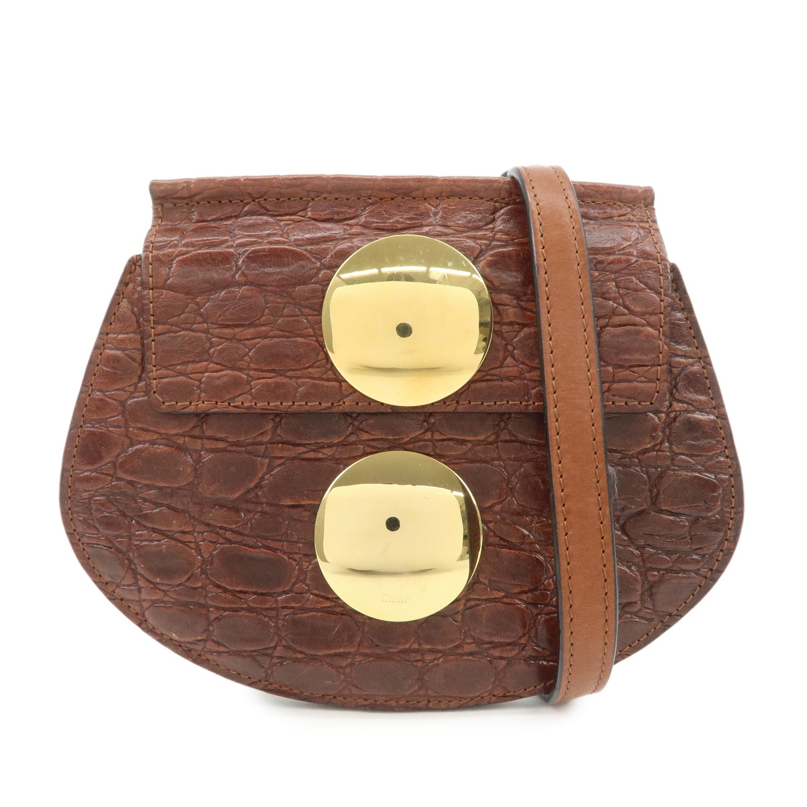 Chloe Logo Embossed Leather Shoulder Bag Hand Bag Brown