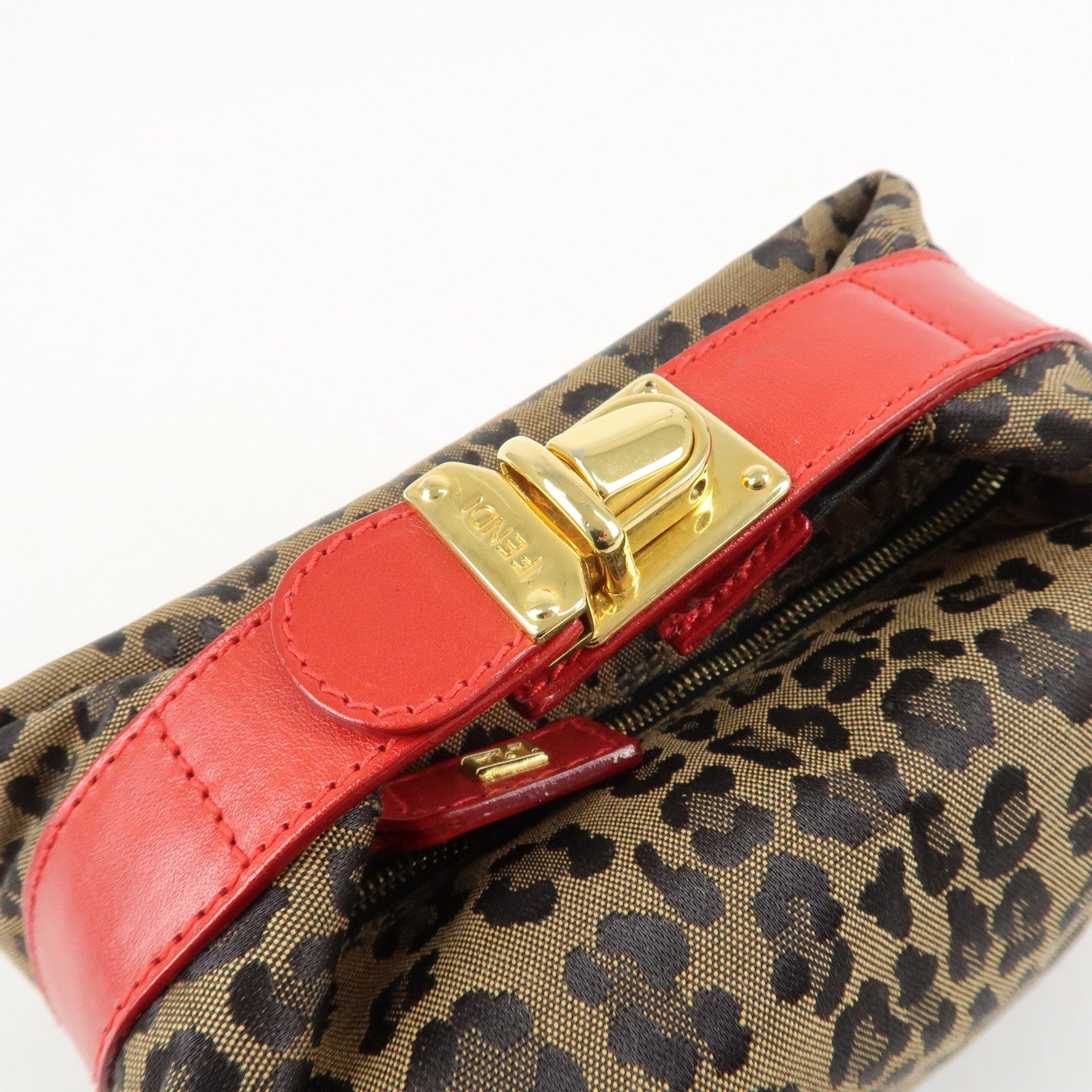 FENDI Canvas Leather Leopard Vanity Bag Cosmetic Pouch 26360 Used