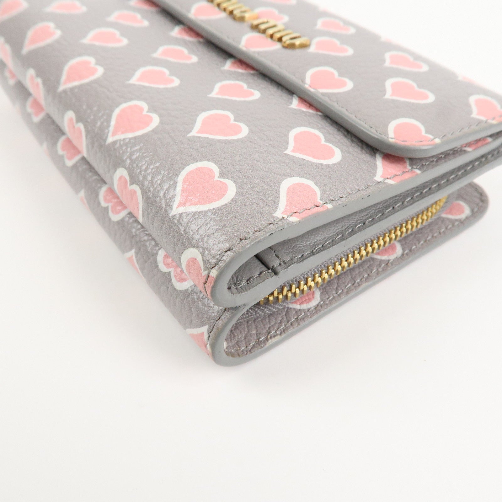 MIU MIU Leather Heart BI-fold Wallet Pink Gray Gold Hardware 5ML014 Used