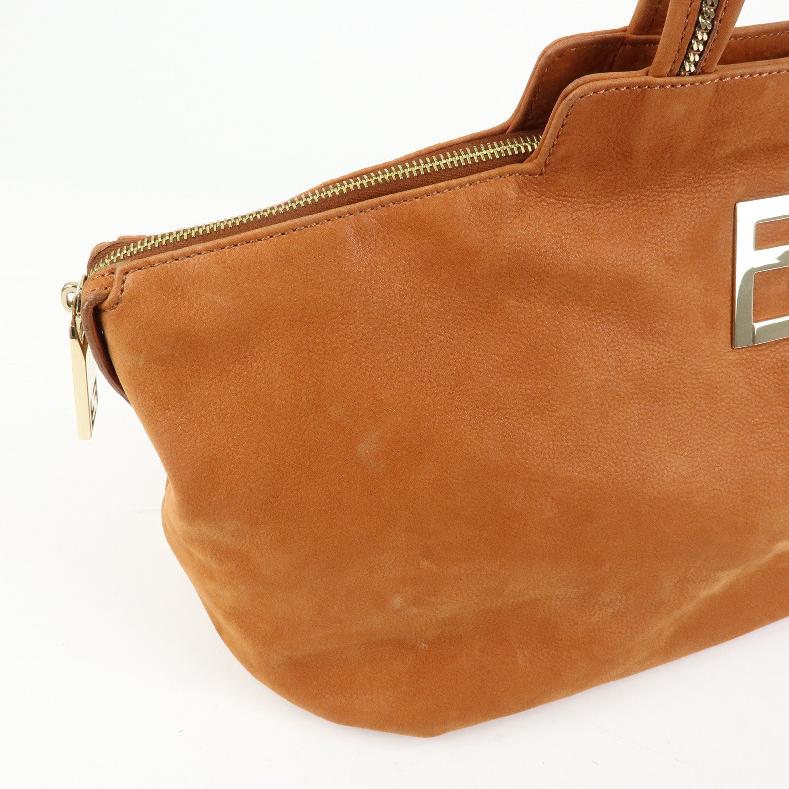 FENDI Leather LAMPO Tote Bag Shoulder Bag Camel Brown 8BR636