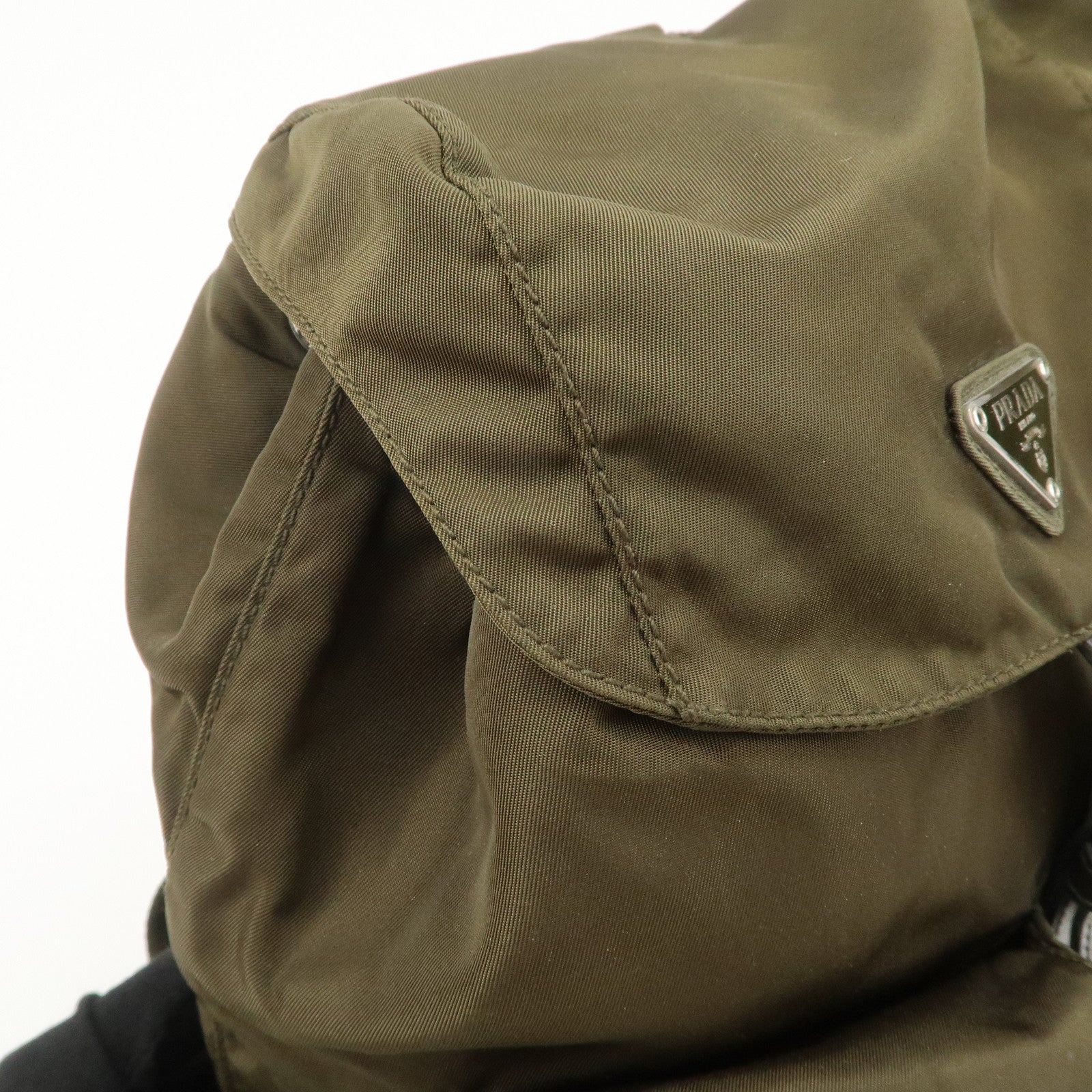 PRADA Triangle Logo Nylon Leather Backpack Ruck Sack Khaki B6677 Used